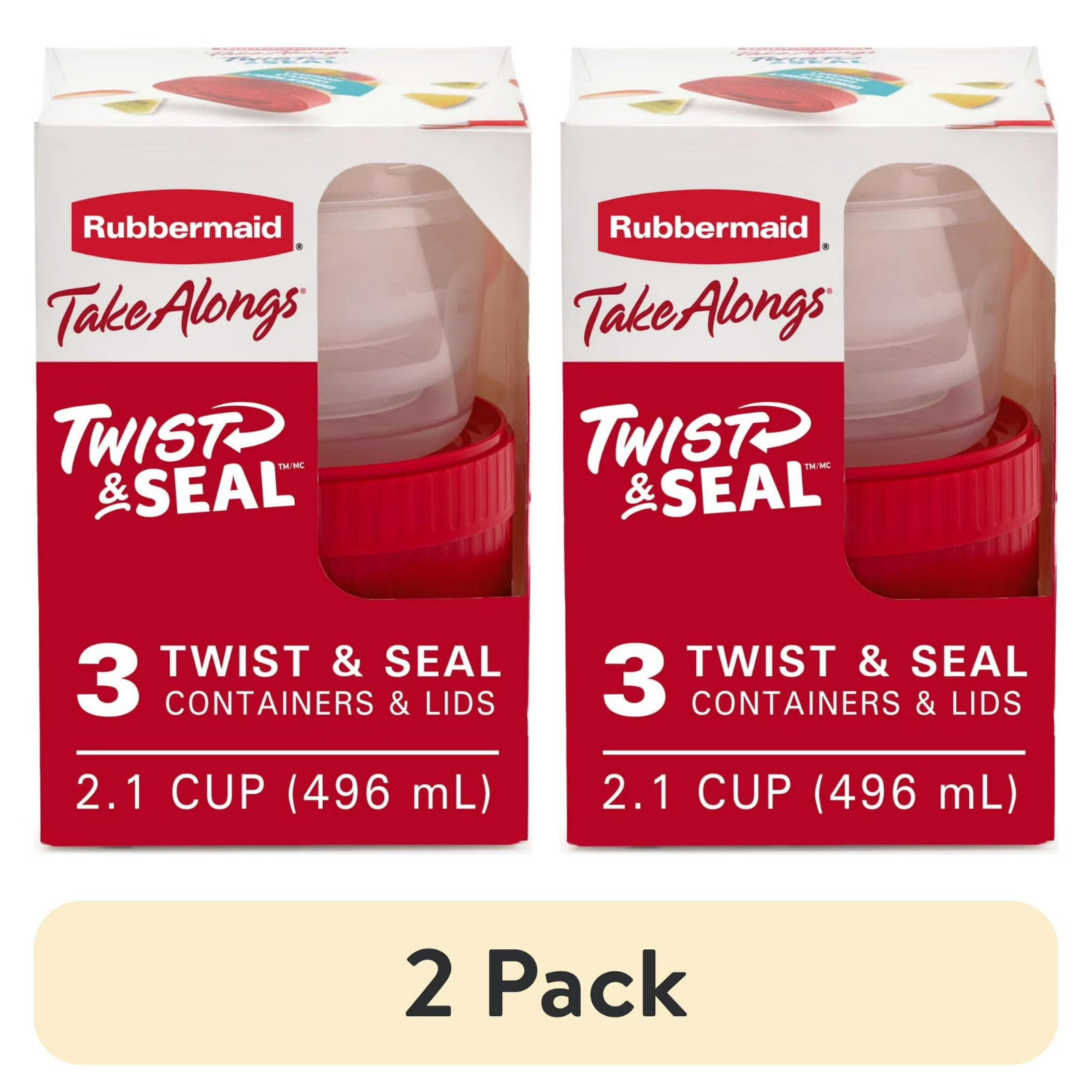 2 Pack Rubbermaid TakeAlongs Twist & Seal 2.1C 496mL Food Containers 3PK