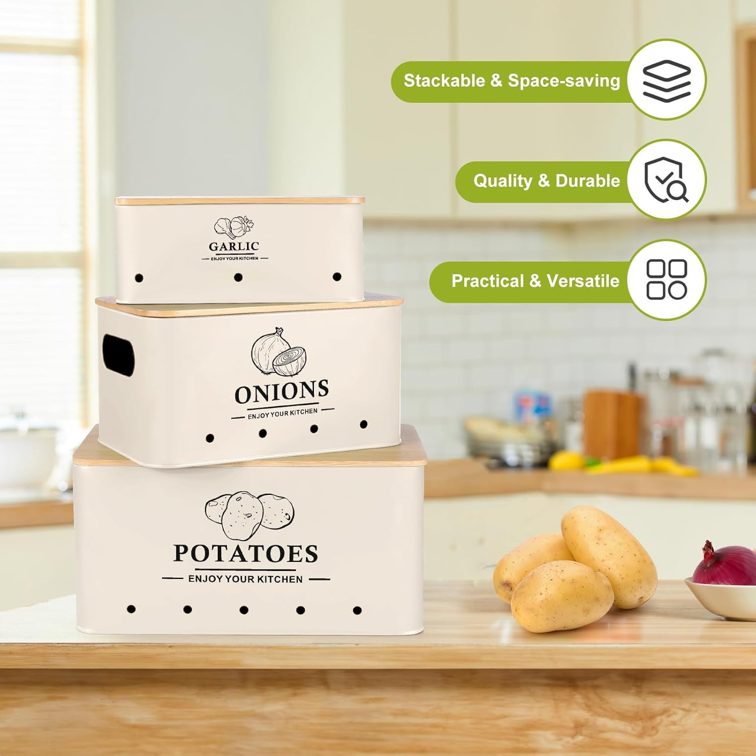 Kitchen Vegetable Storage Set of 3, Metal Onion Garlic Potato Storage Set, Kitch