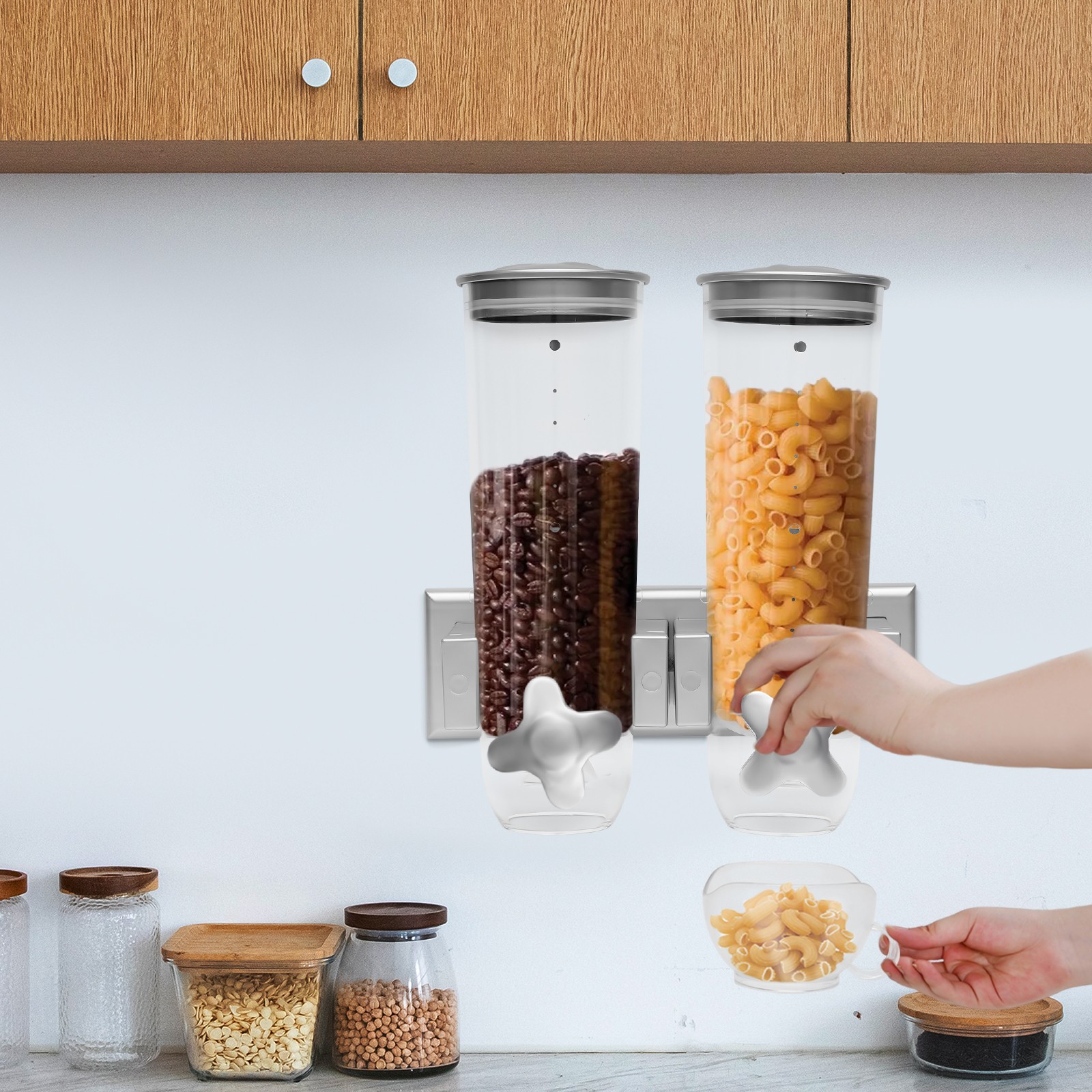 Wall Mount 2 Bucket Food Storage Dispenser Coffee/Bean/Candy/Rice Silver 3L