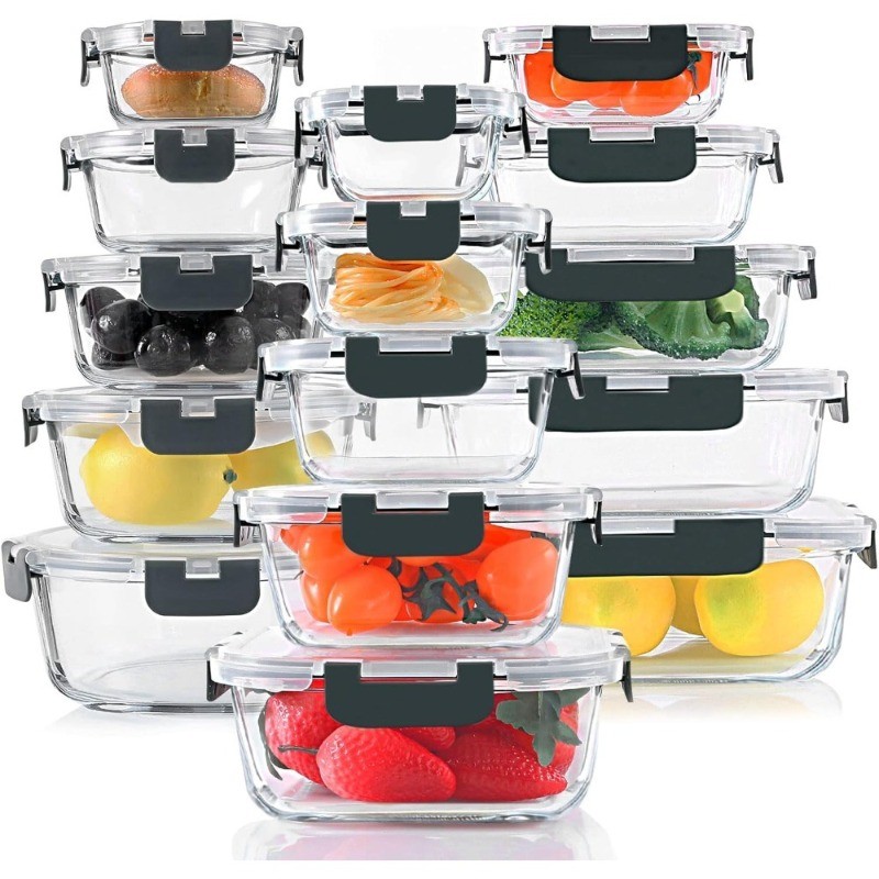 Glass Food Storage Containers Set of 30 Pieces with Snap Lock Lids Airtight Meal