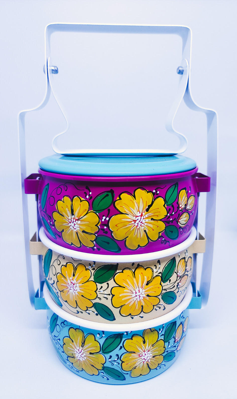 Metal 100% food safe 11cm. Hand-painted Thailand tradition Tiffin box