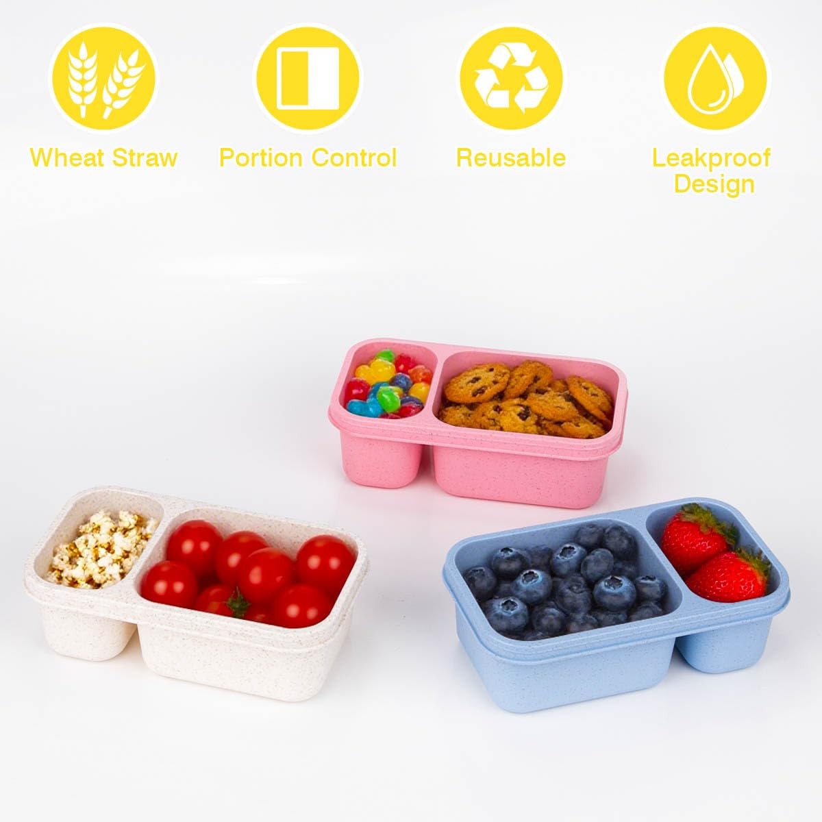 3PCS Reusable Snack Containers with Lids 2 Compartment Wheat Straw Meal Prep