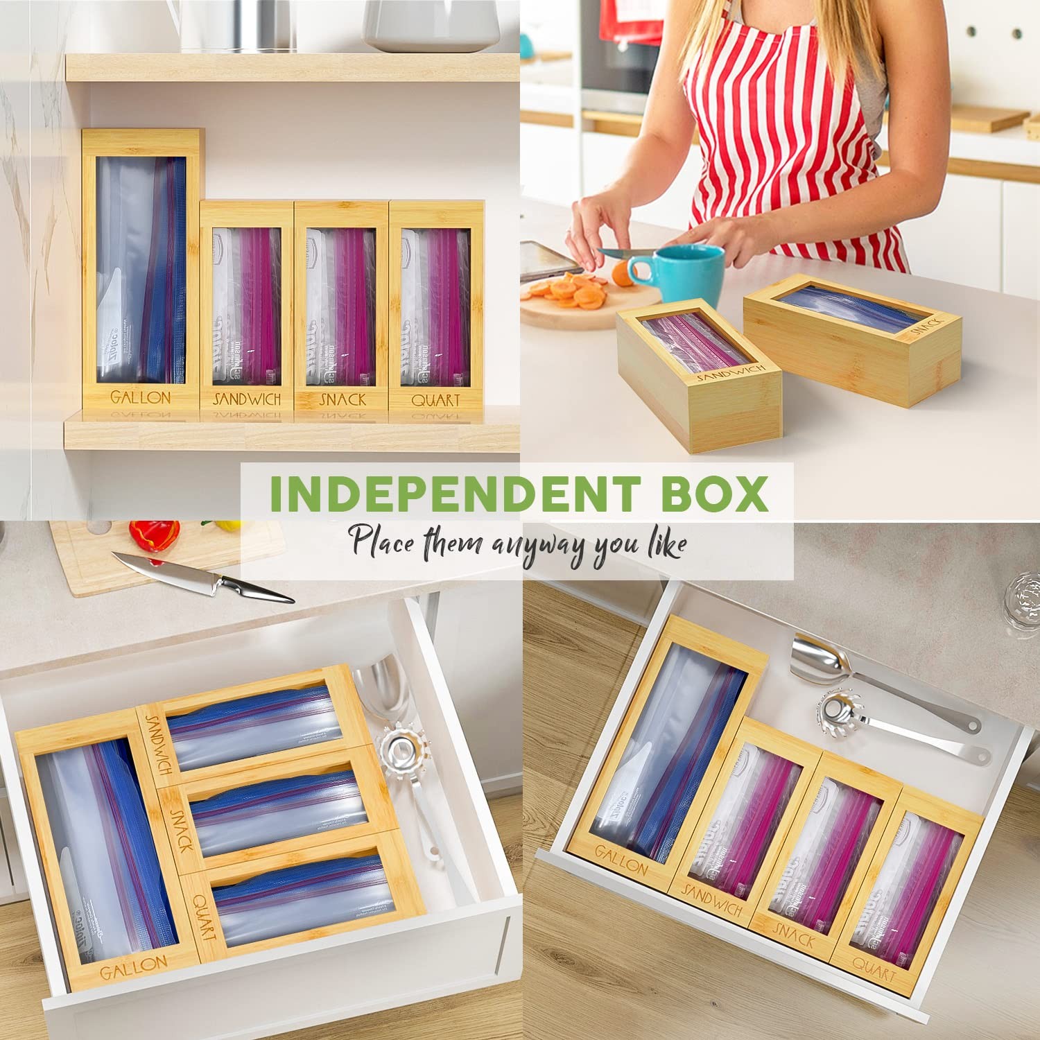 Bamboo Storage Bag Organizer, 4 Separate Food Storage Bags, 12×14 Baggie Orga…