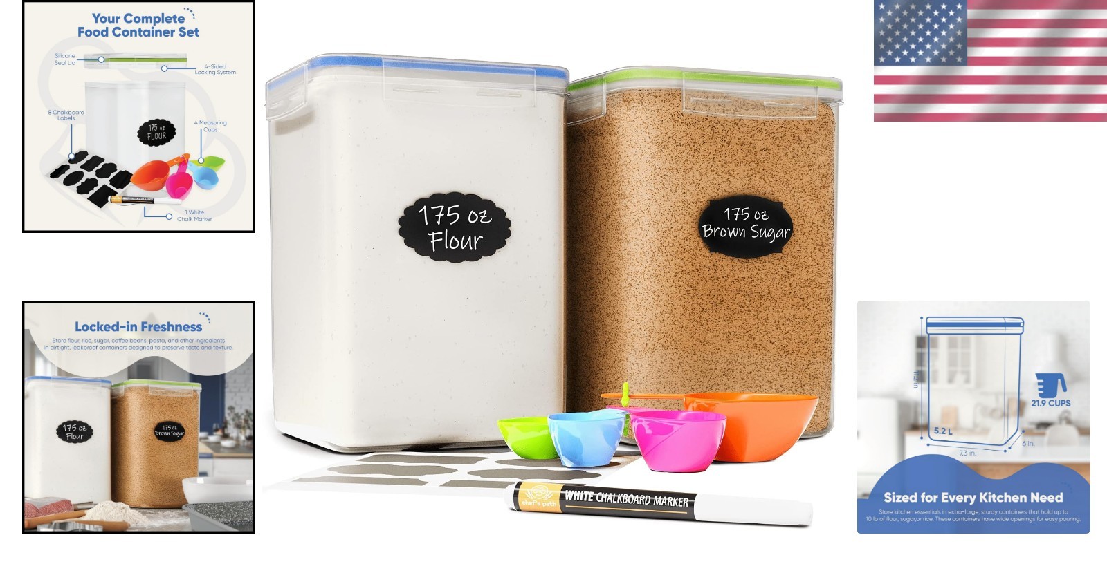Large Airtight Food Storage Containers 2 Pack 5.2L Plastic Kitchen Pantry Can…