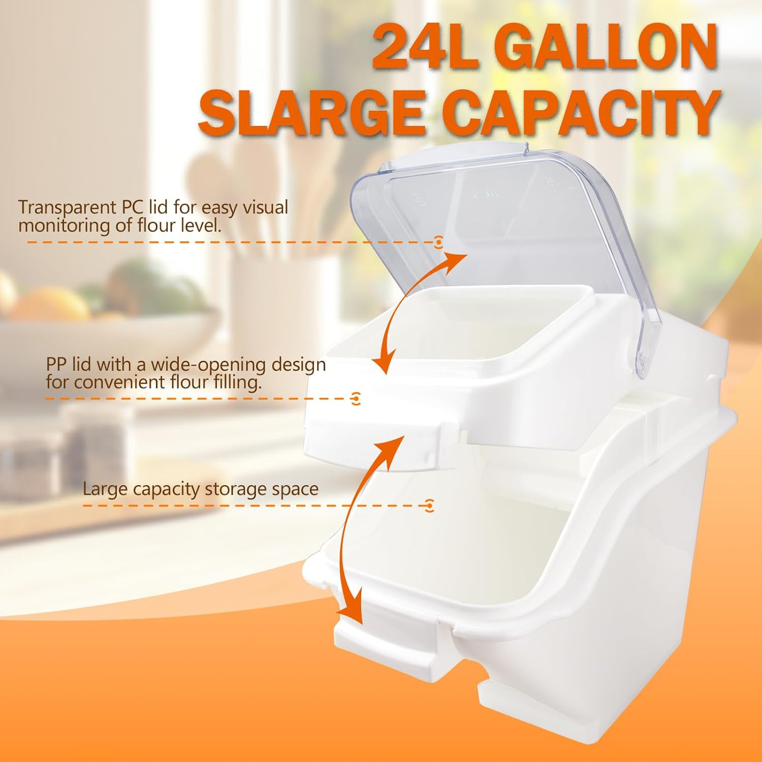 Airtight Flour Bin,24 L Stackable Kitchen Ingredient Storage Container with Lid