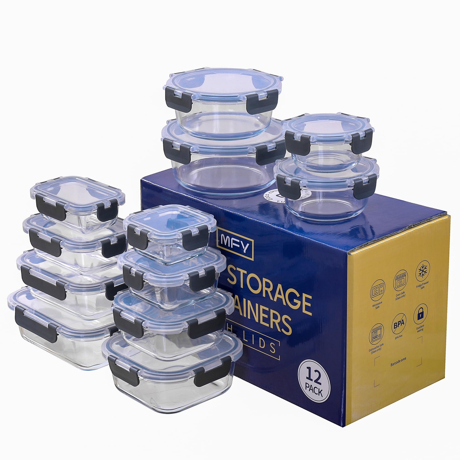 12-Pack Glass Storage Containers with Lids, Glass Meal Prep Containers Set, A…