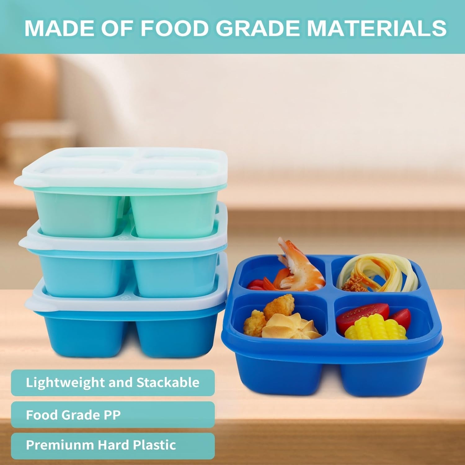 Durable 4-Compartment Food Containers for Office and Travel – 4 Pack Bento Boxes