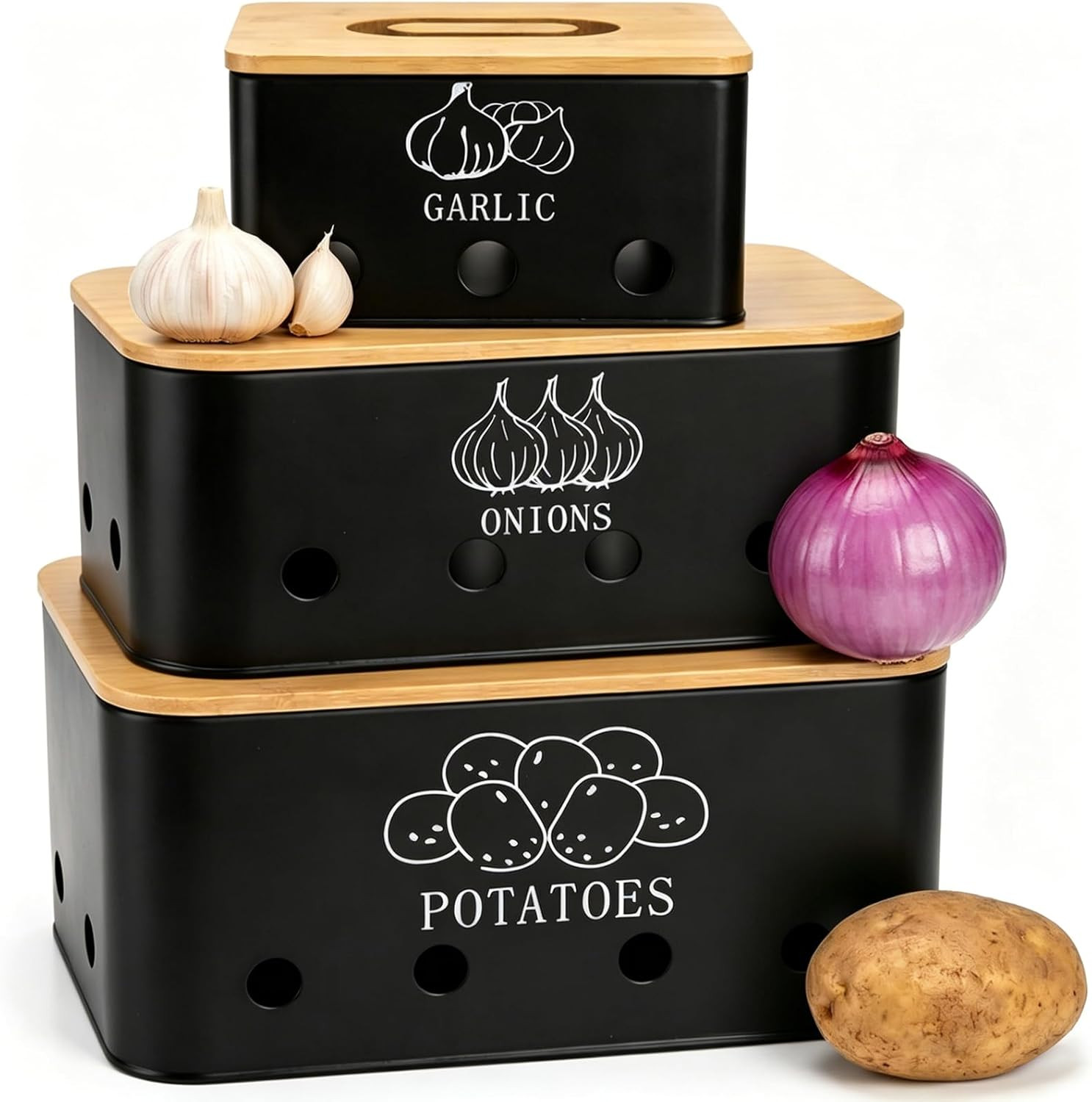3 Pack Potato Onion Garlic Storage Set, Metal Vegetable Storage Bins with Aerati