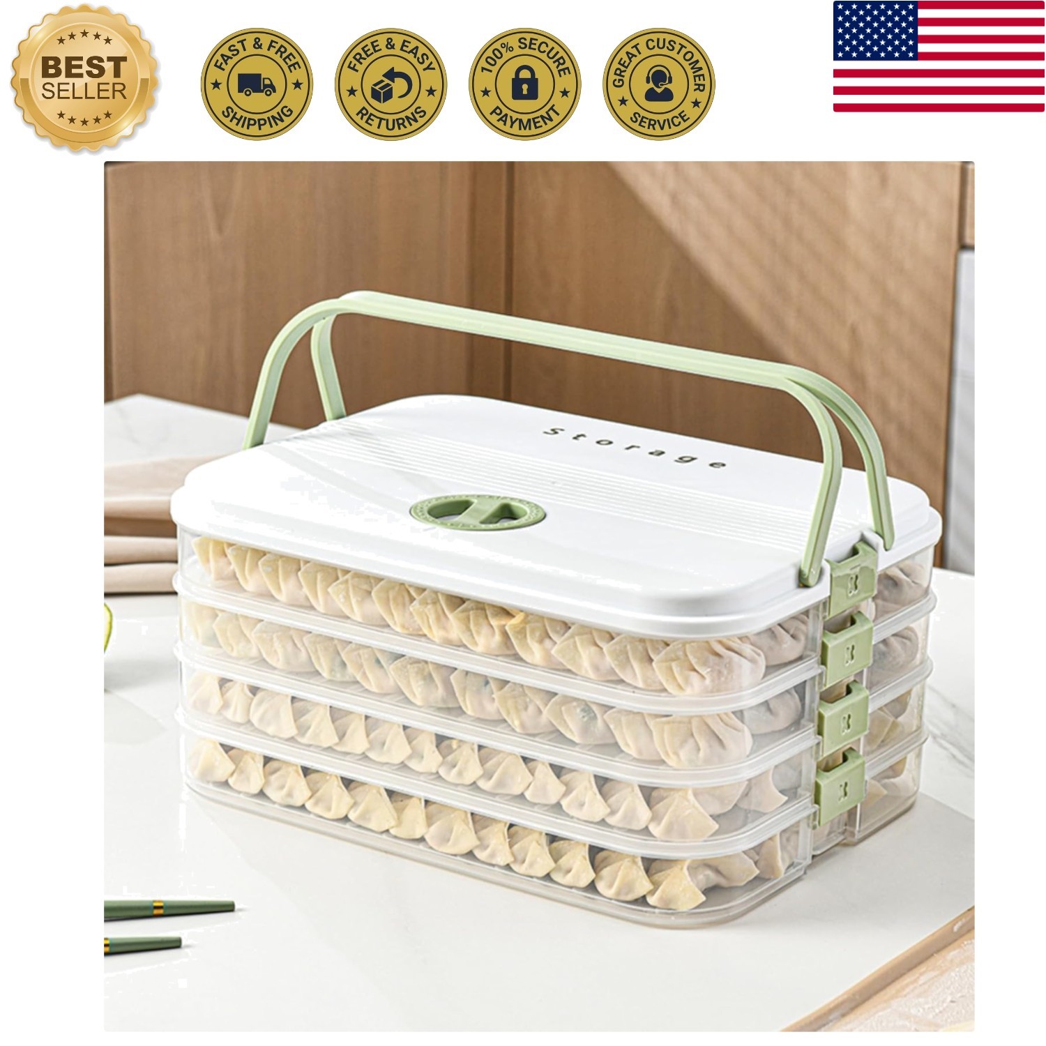 Dumplings Storage with 4 Layers, Stackable with Buckle, Lid & Handle for Cook…