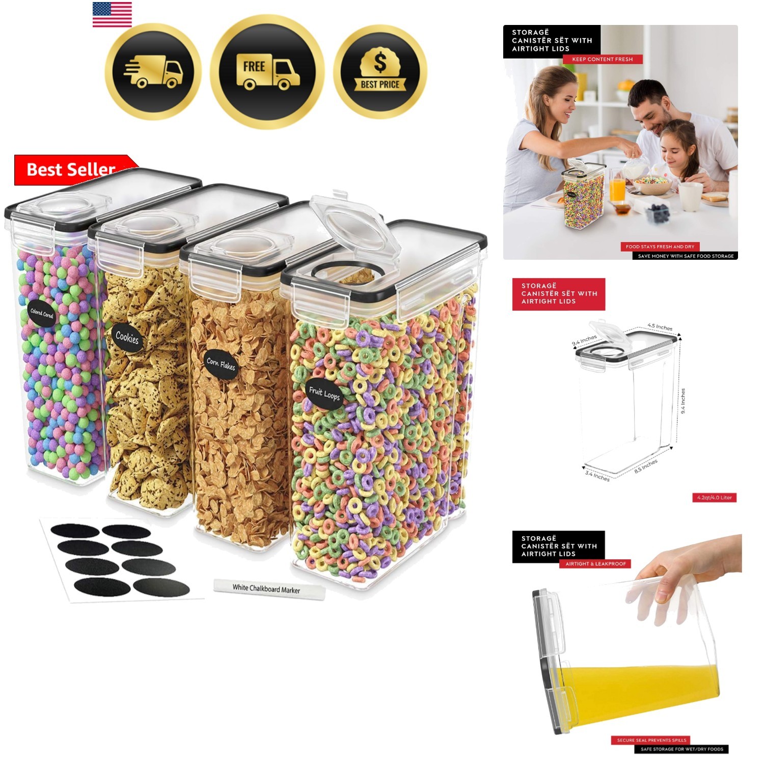 Food Storage Containers Cereal Dispenser Airtight Canisters Set of 4