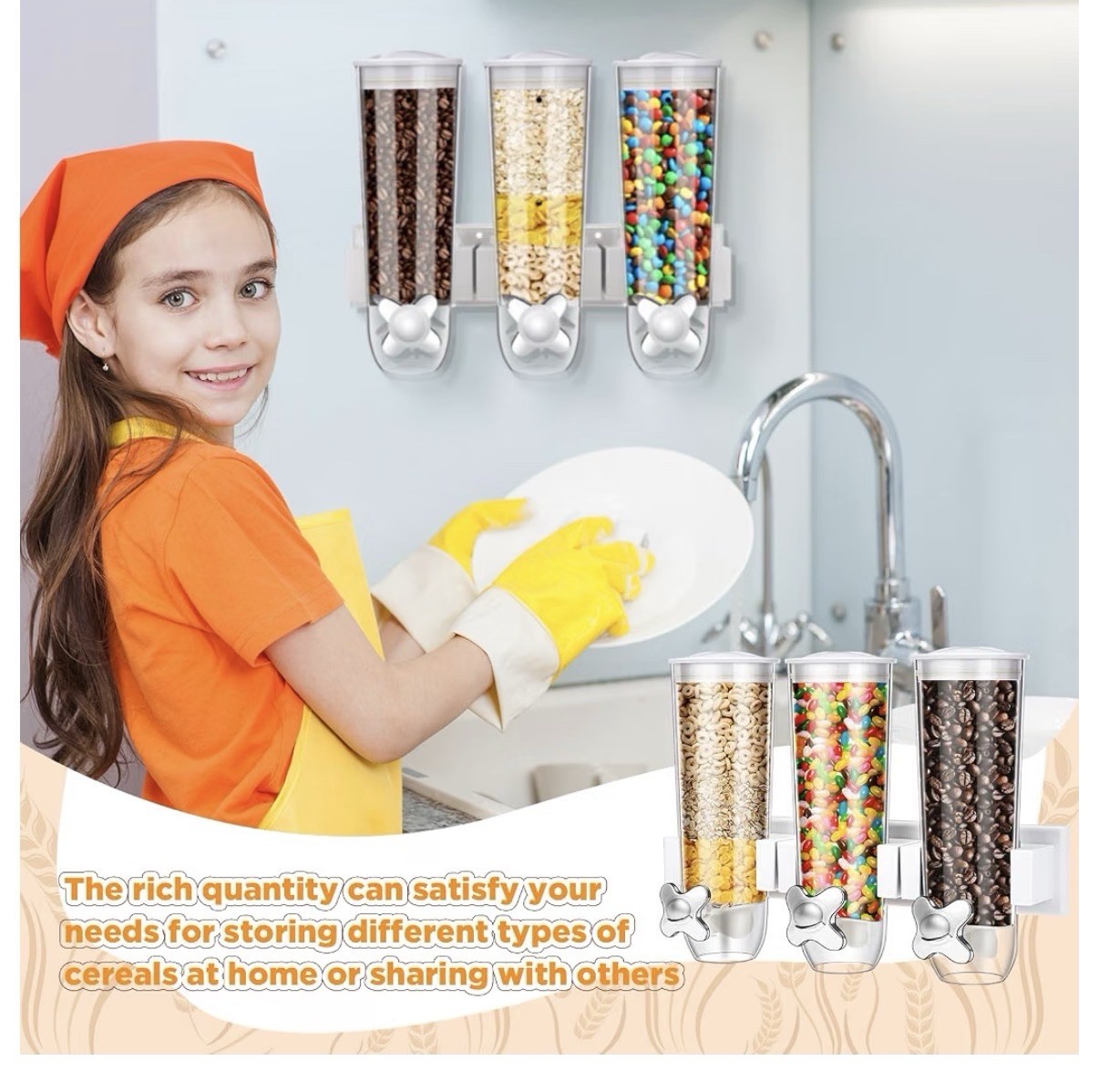 3 Pcs Cereal Dispenser Wall Mounted 4.5L Triple Candy Machine Grain Coffee