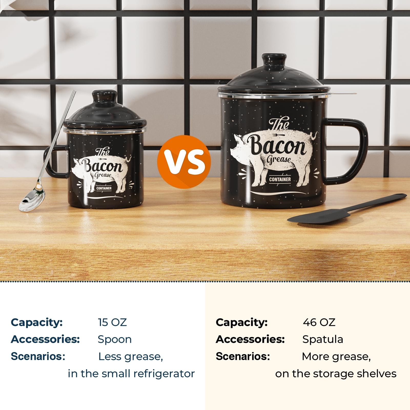 Mini Bacon Grease Container With Strainer – 15OZ Enamel Grease Saver, Farmhou…
