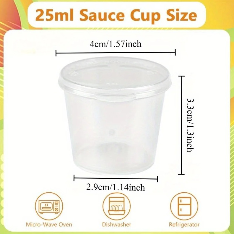 50pcs Clear Plastic Sauce Cups w Lids 25ML Disposable Food Containers