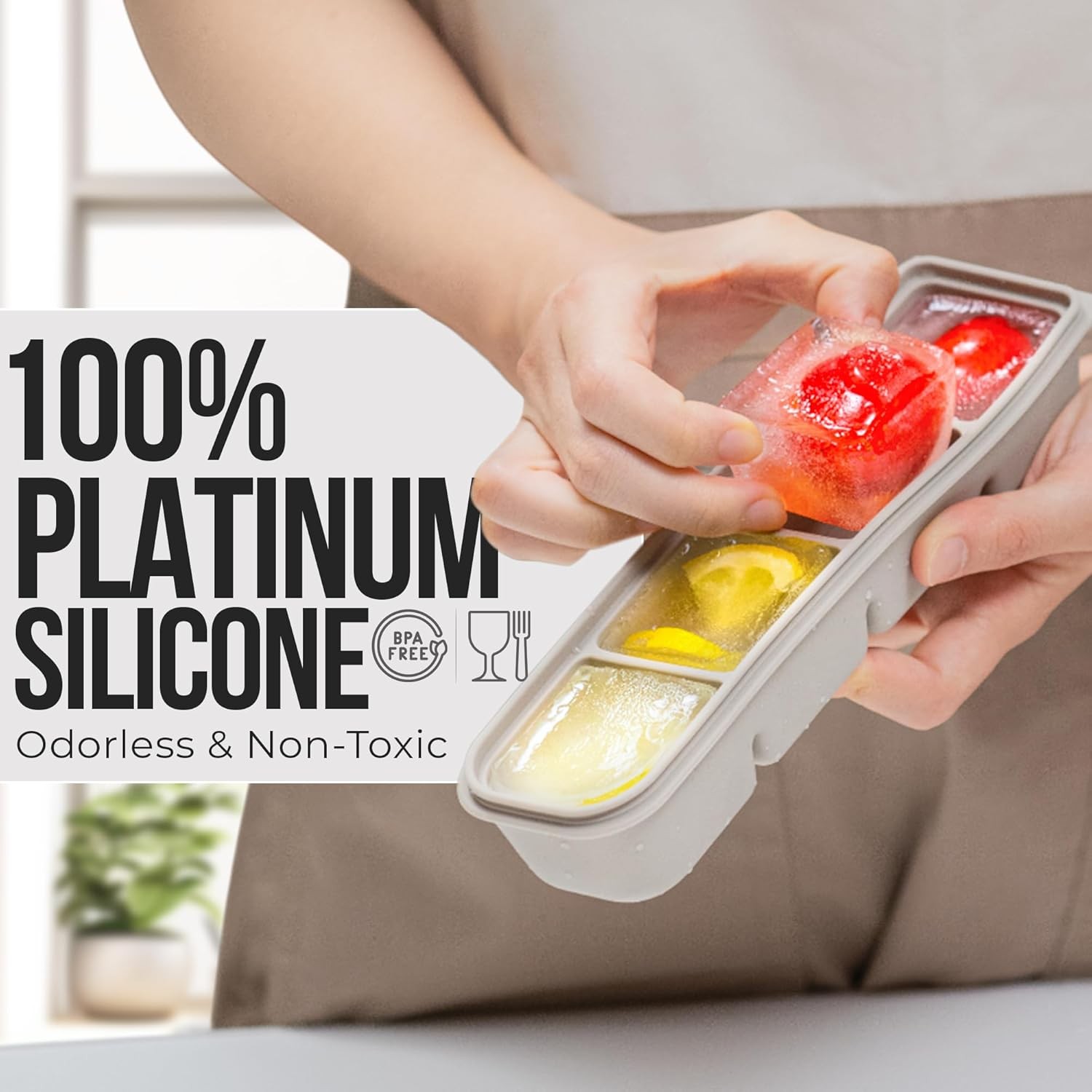 Silicone Ice Cube Freezer Tray with Lid, 100% Food-Grade Platinum Silicone,Leak