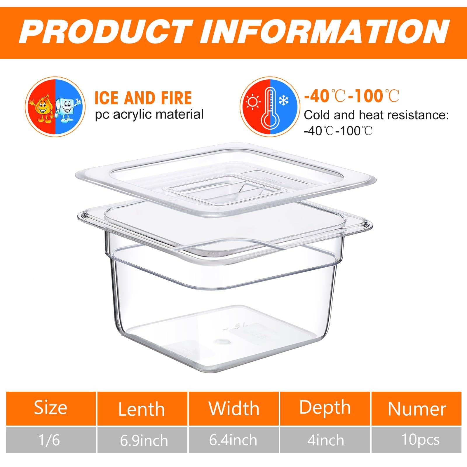 Sieral 10 Pcs 1/6 Size Food Containers with Lids – Clear Stackable Meal Prep