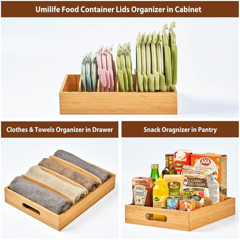 Bamboo Food Container Lid Organizer Adjustable Compartment Storage Tray W/ Grip
