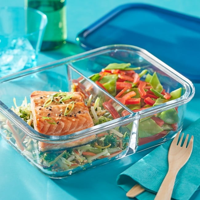 (2 pack) MealBox 4-cup Divided Glass Food Storage Container with Turquoise Lid