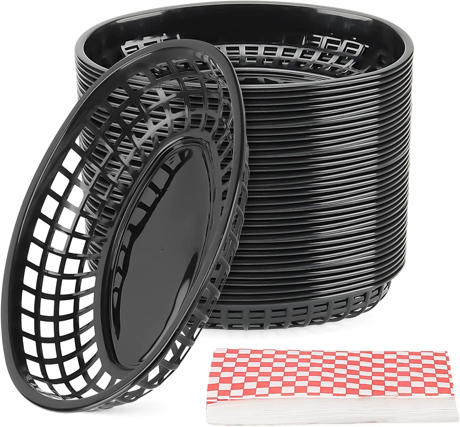50 Pack 8.8 x 5.5 Inch Plastic Fast Food Serving Baskets, Black with 100 Checker