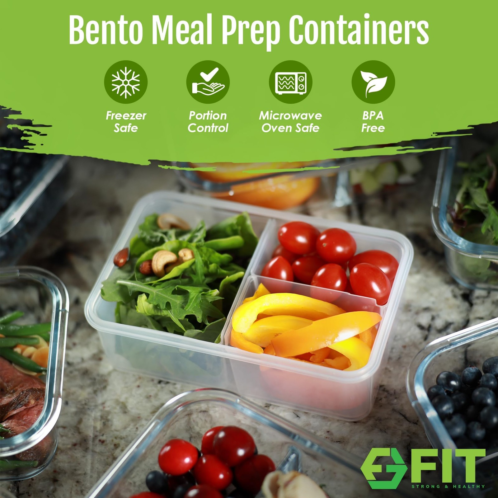 FIT Strong & Healthy Bento Box for 3 Pack, 39 oz, Green, 3 39 Oz each