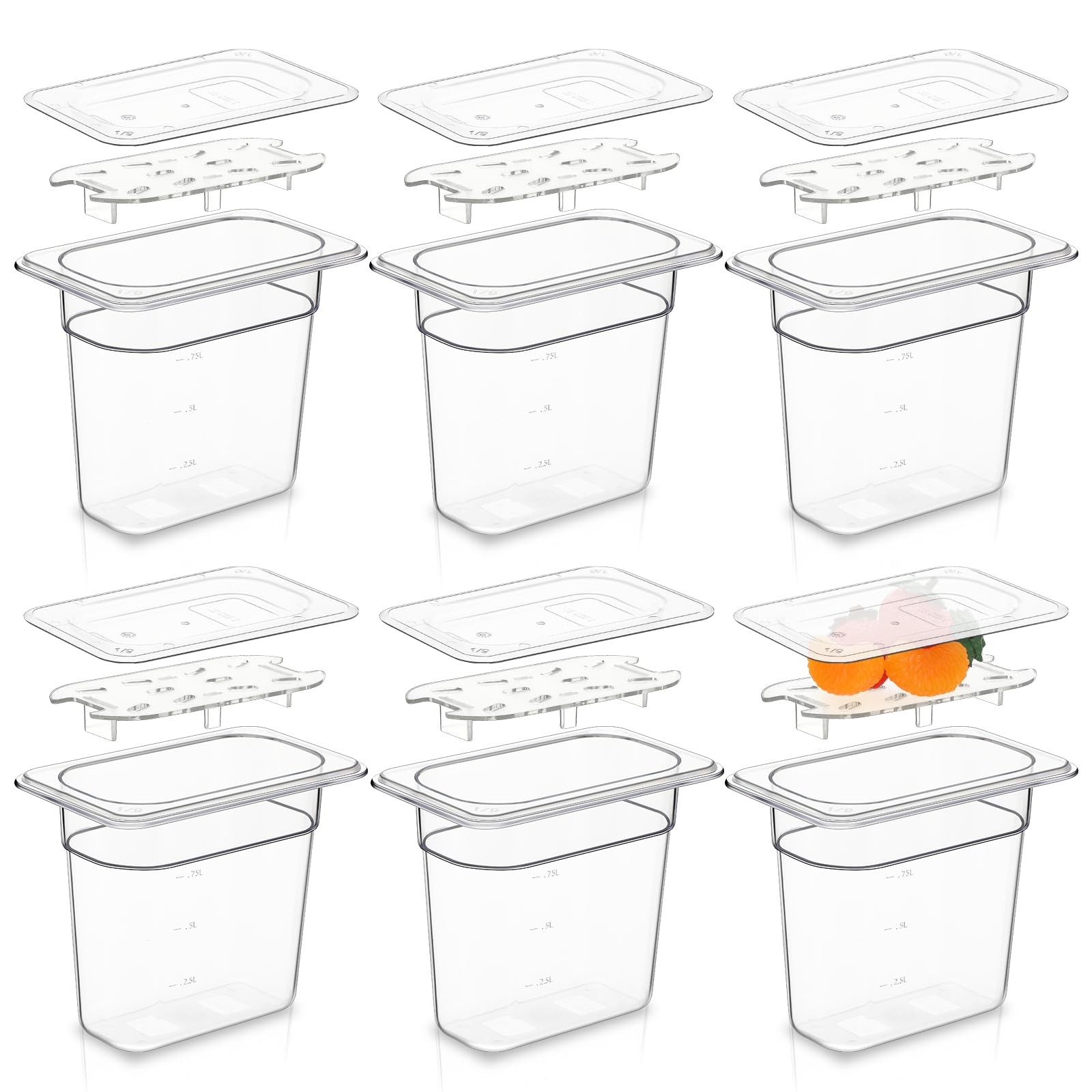 Sunnyray 6 Set 1/9 Size Polycarbonate Food Pans 6.9 X 4.3 X 6 Inches, clear
