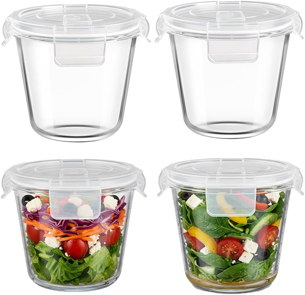 3Cup round Glass Food Storage Containers with Airtight Lids, 23Oz Glass Meal Pre