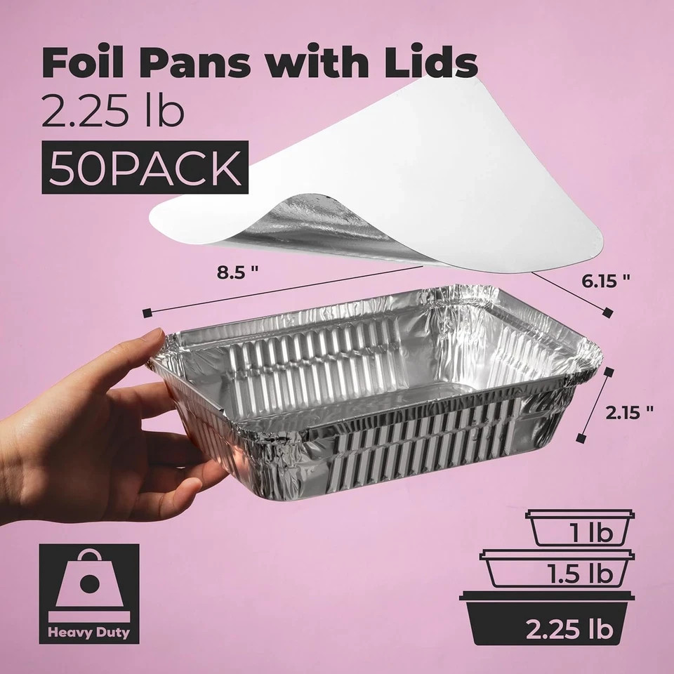50 Pack 2.25 Lb Aluminum Foil Pans with Lids, Disposable Take Out Food Container