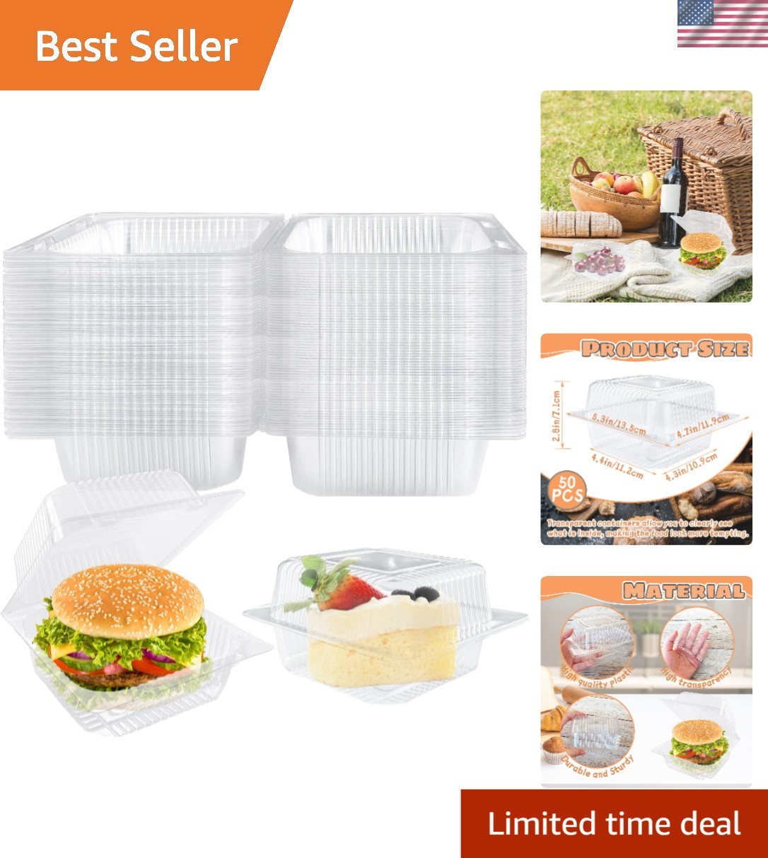 50 Pcs Clear Plastic Clamshell Containers – Perfect for Salads & Desserts