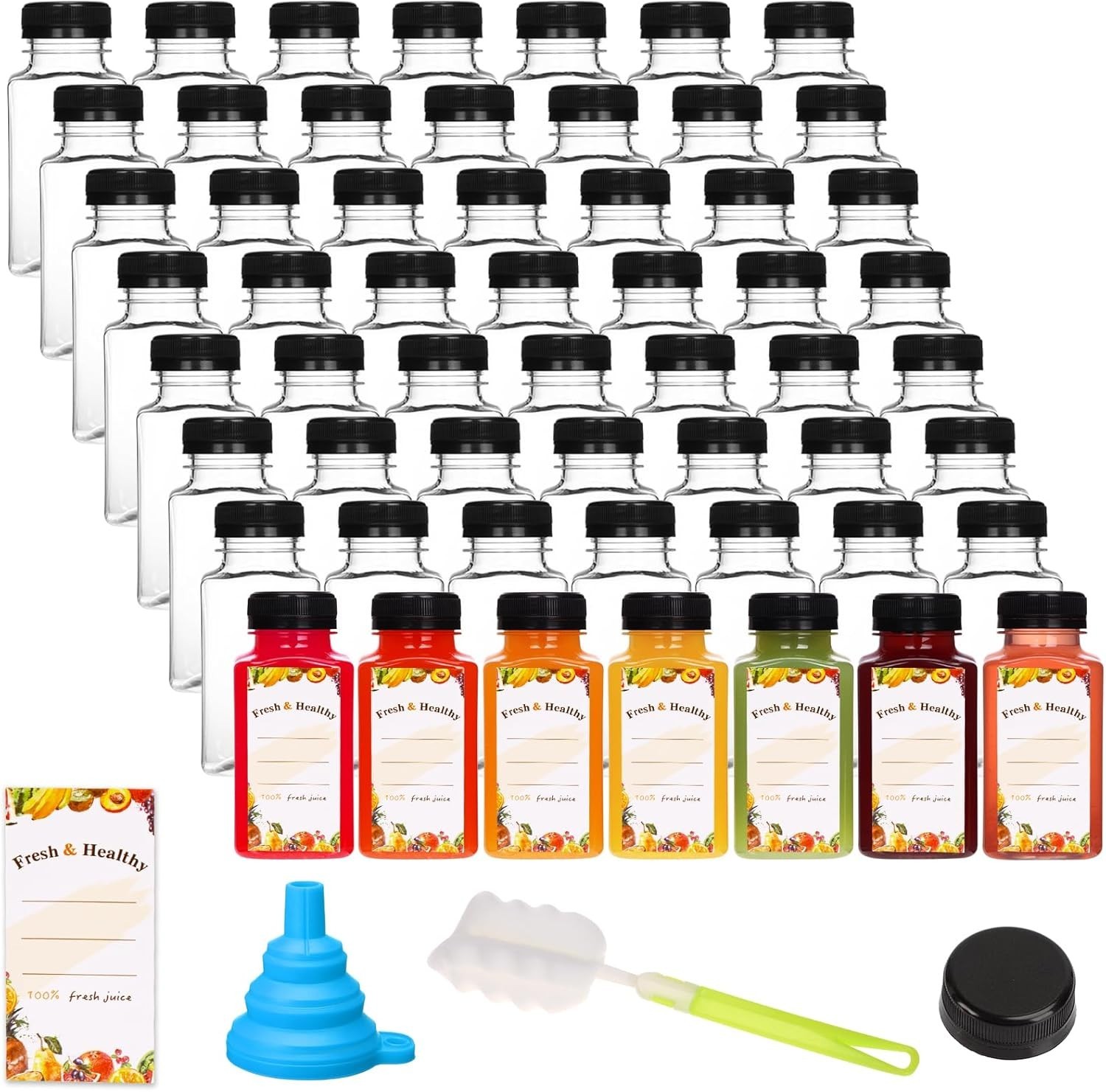 56pcs 8oz Plastic Juice Bottles W/ Caps Reusable Clear
