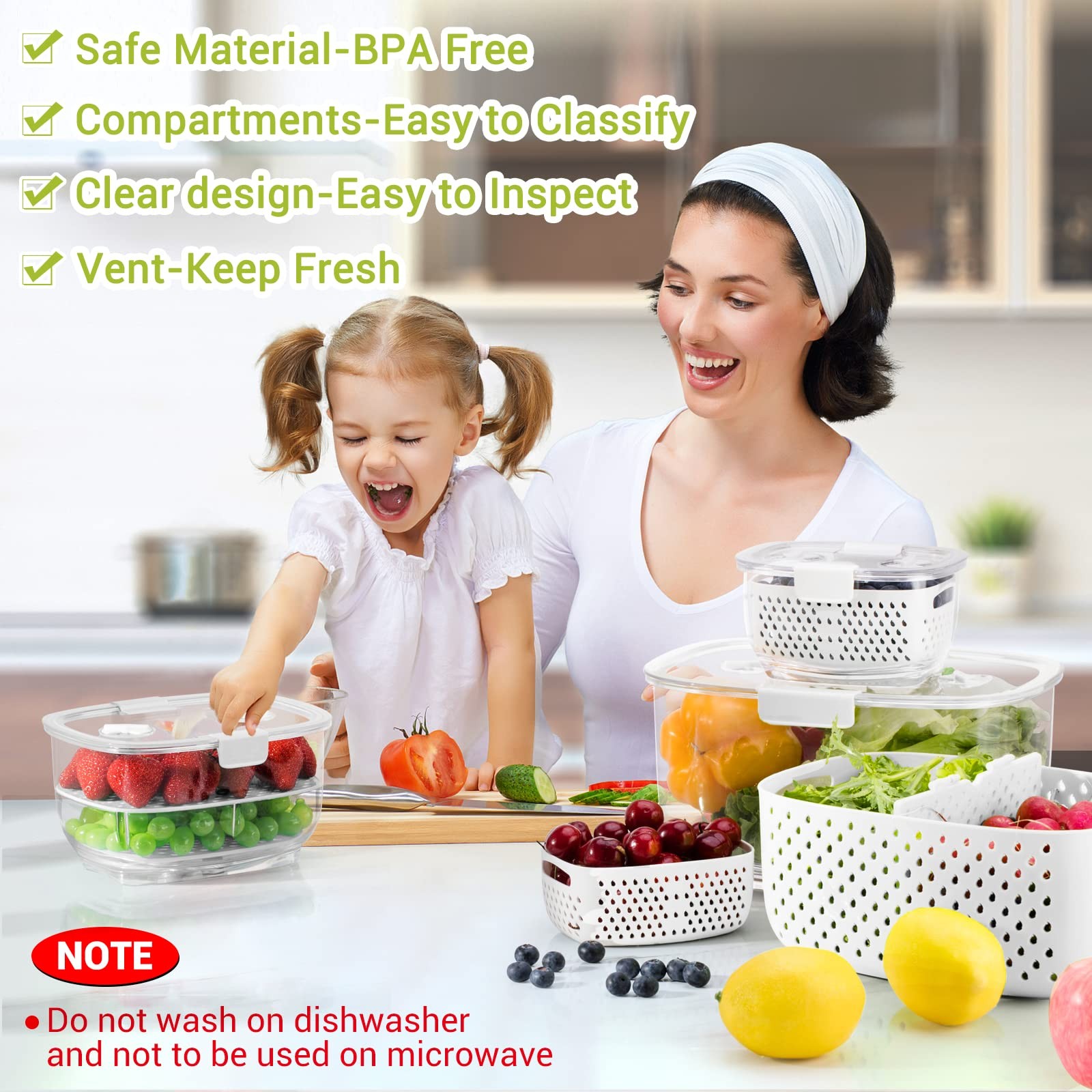 Fresh Produce Storage Containers 3Pcs Set, Bpa Free Fridge Organizer, White