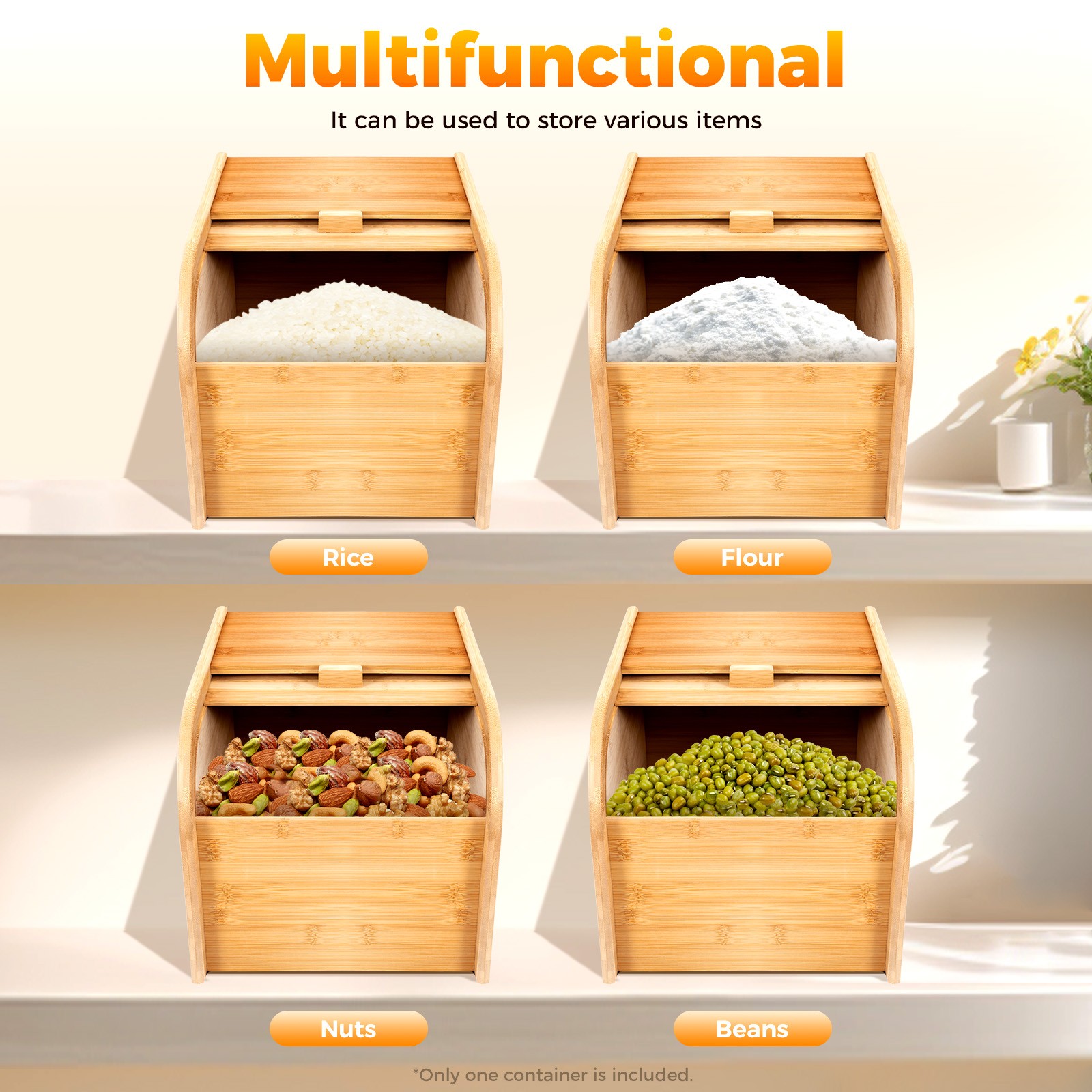 Bamboo Rice Storage Container With Lid Tabletop Store Receptacle With Rice Cup
