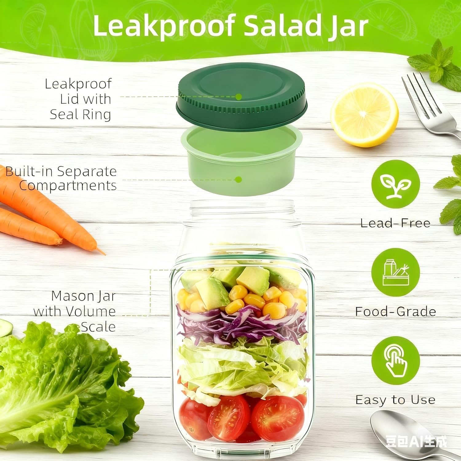 [LOT OF 2, NEW] Mason Salad Jar w/ Leakproof Dressing Compartment, Side Opening