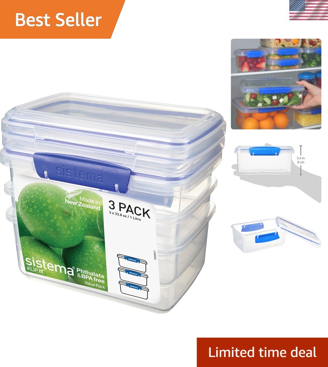 BPA-Free 33.8 oz Rectangular Food Storage Containers, Dishwasher Safe, Set of 3