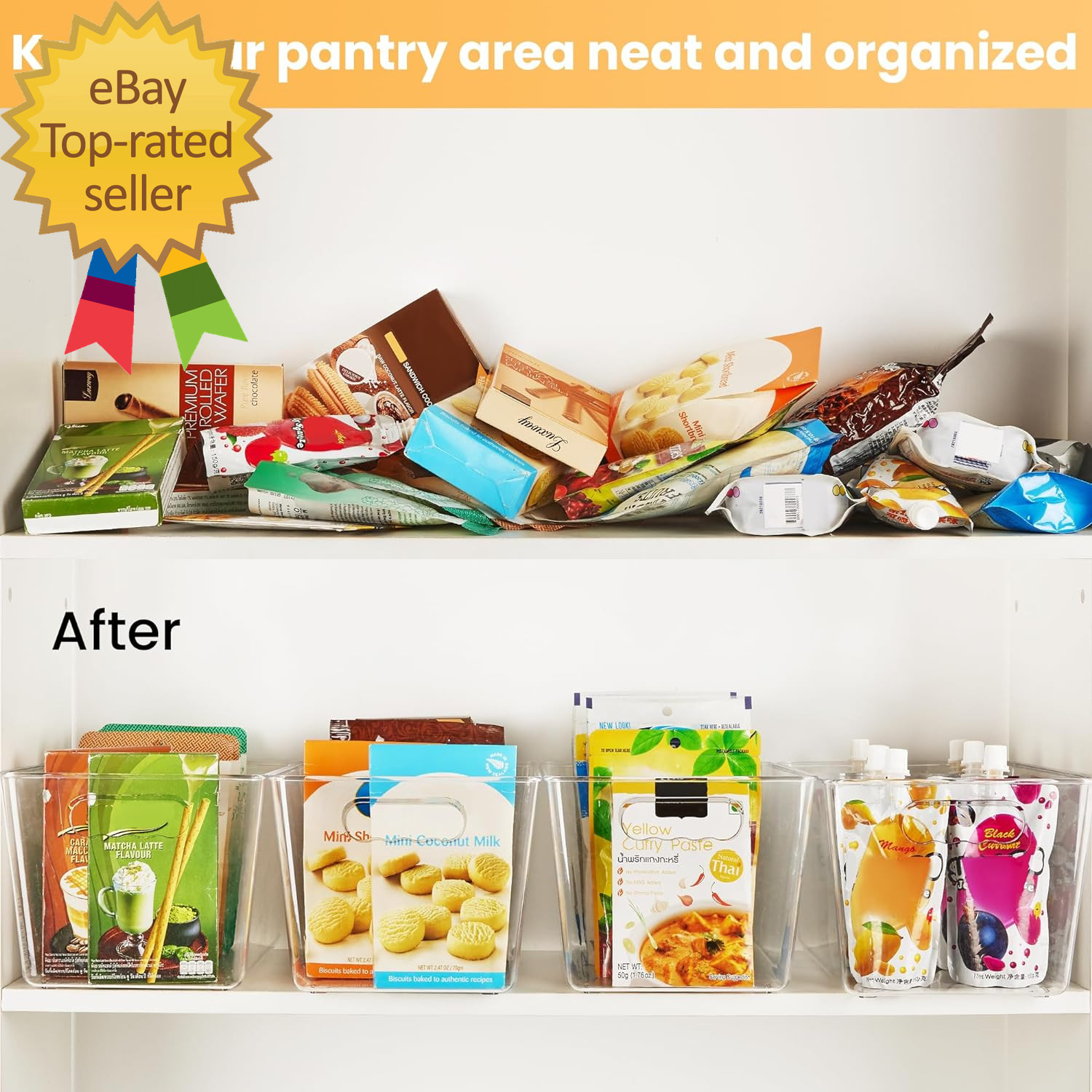 6 Pack Clear Pantry Organizer Bins Plastic Containers with Handle for Kitchen