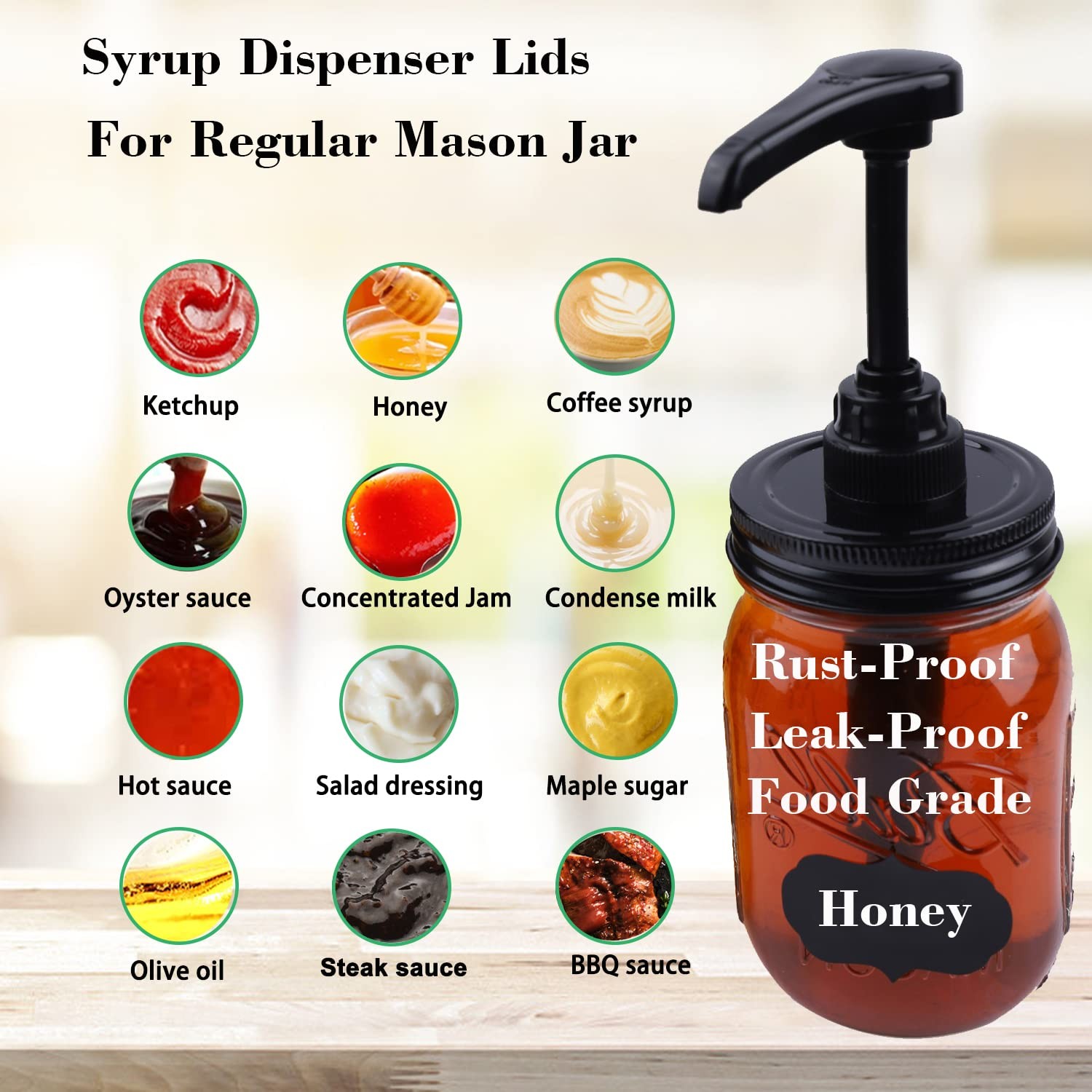 GLUKIEWT Mason Jar Syrup Dispenser Pump Lids For Regular Mouth Jar (2 Pack) C…