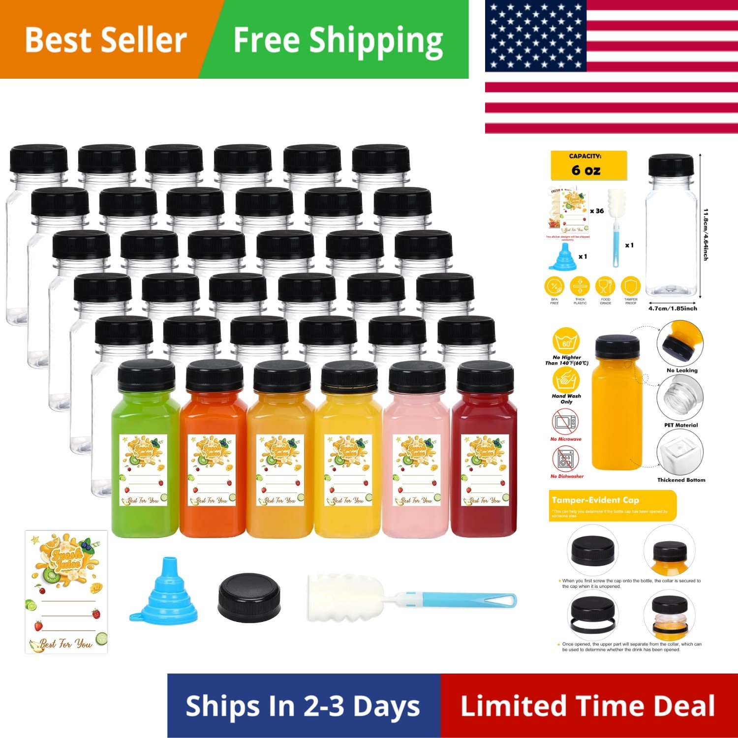 36pcs Empty Plastic Juice Bottles with Caps, Reusable Clear Bulk Beverage Con…