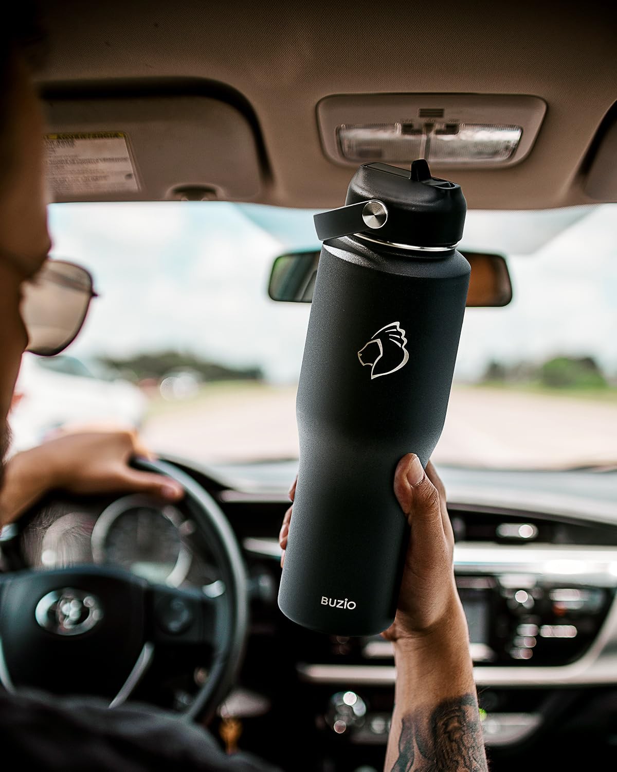 Buzio Insulated Water Bottle Fits In Cupholder Stainless Steel Tumbler Straw