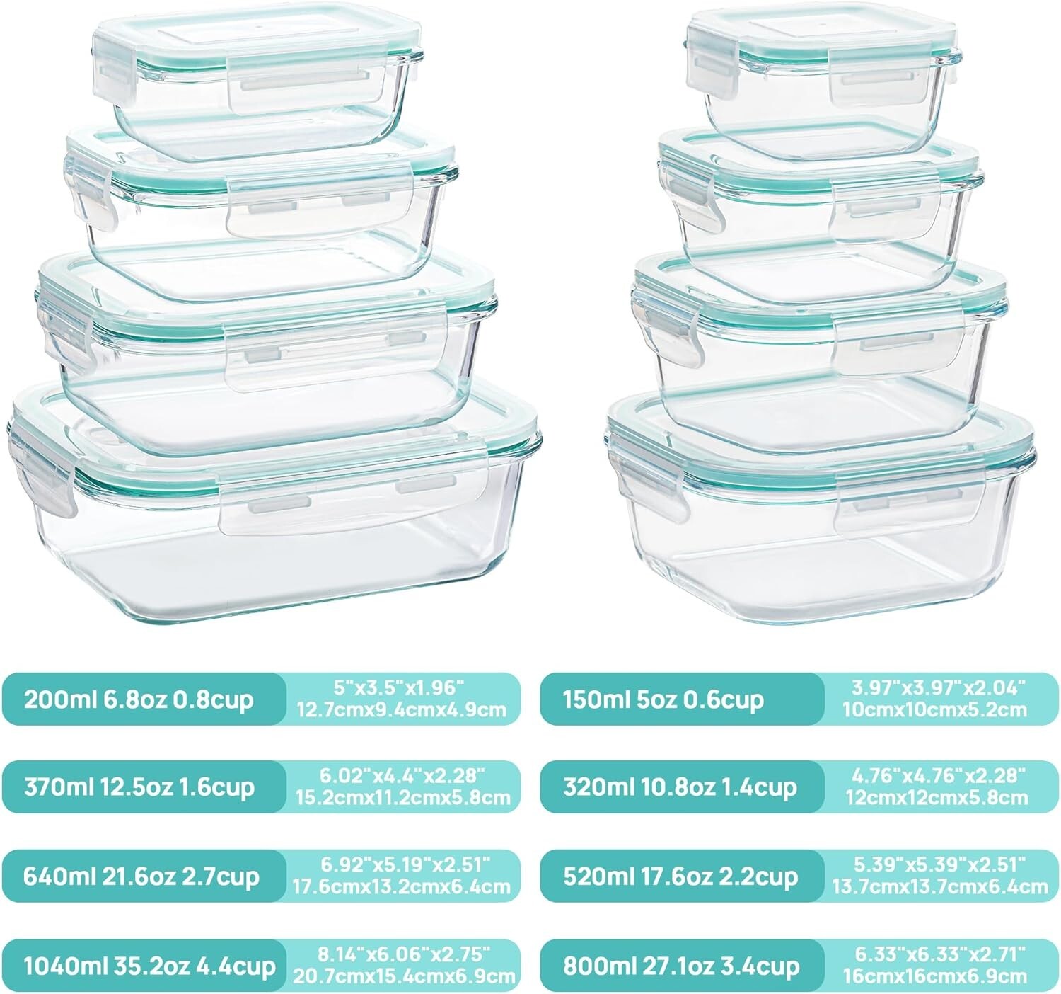 Recipientes De Vidrio Para Almacenamiento De Alimentos De 8 Piezas Con Tapas NEW