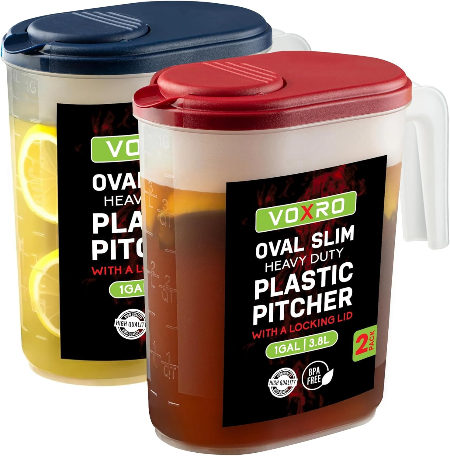 2-Pack Oval Slim Plastic Pitchers Lids 1 Gallon Flip-Top Pivot Spout Measuring