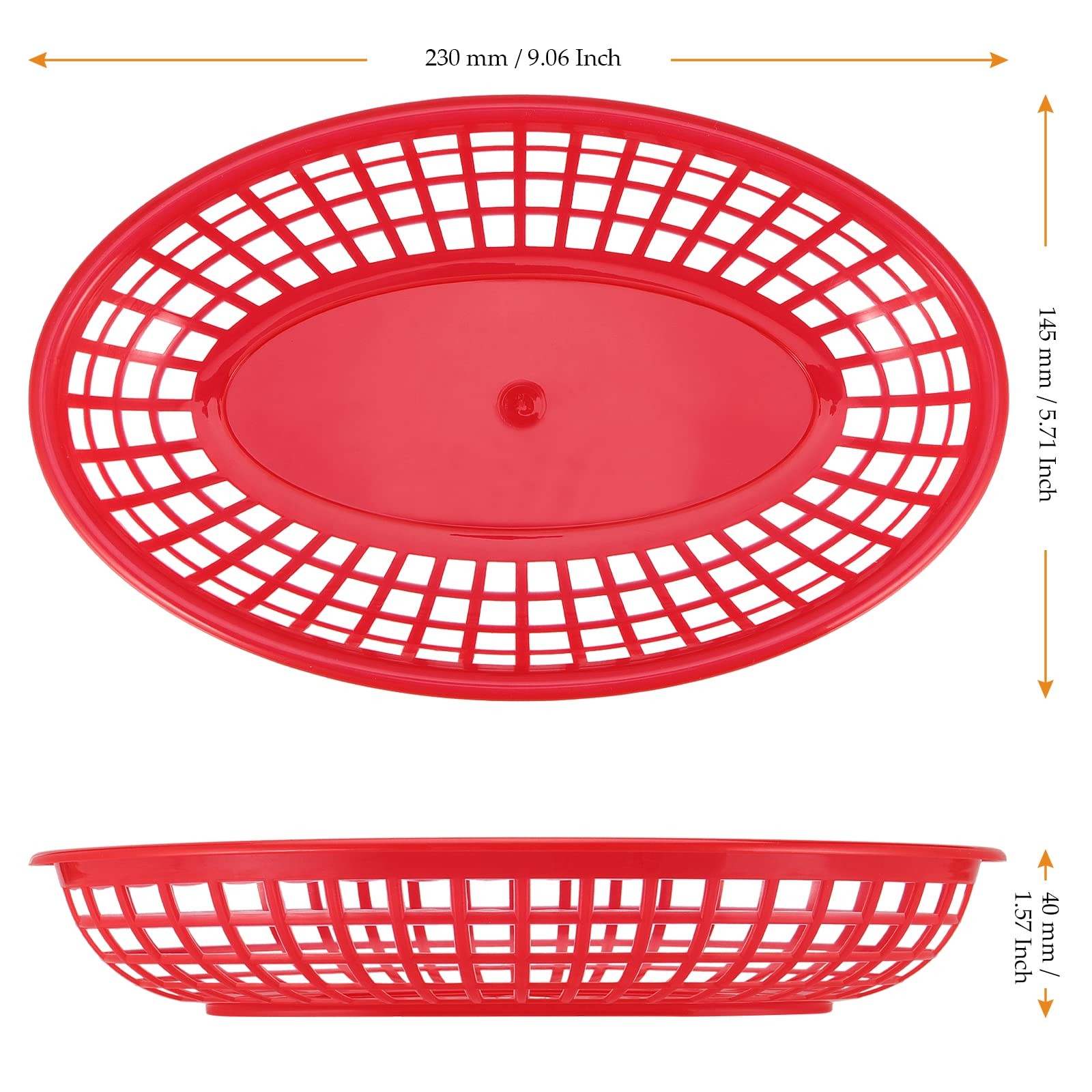 60 PCS Red Plastic Fast Food Serving Baskets 9×5.6×1.5 Inch Oval Restaurant