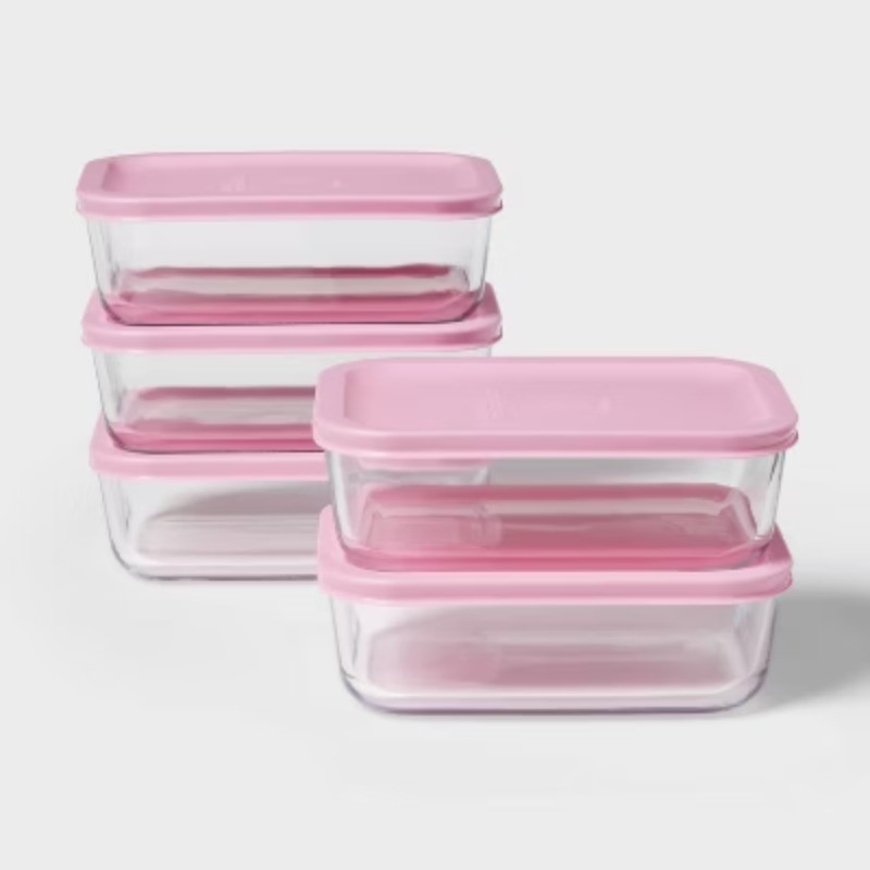 10pc (Set of 5) Glass Rectangle Meal Prep Set Pink