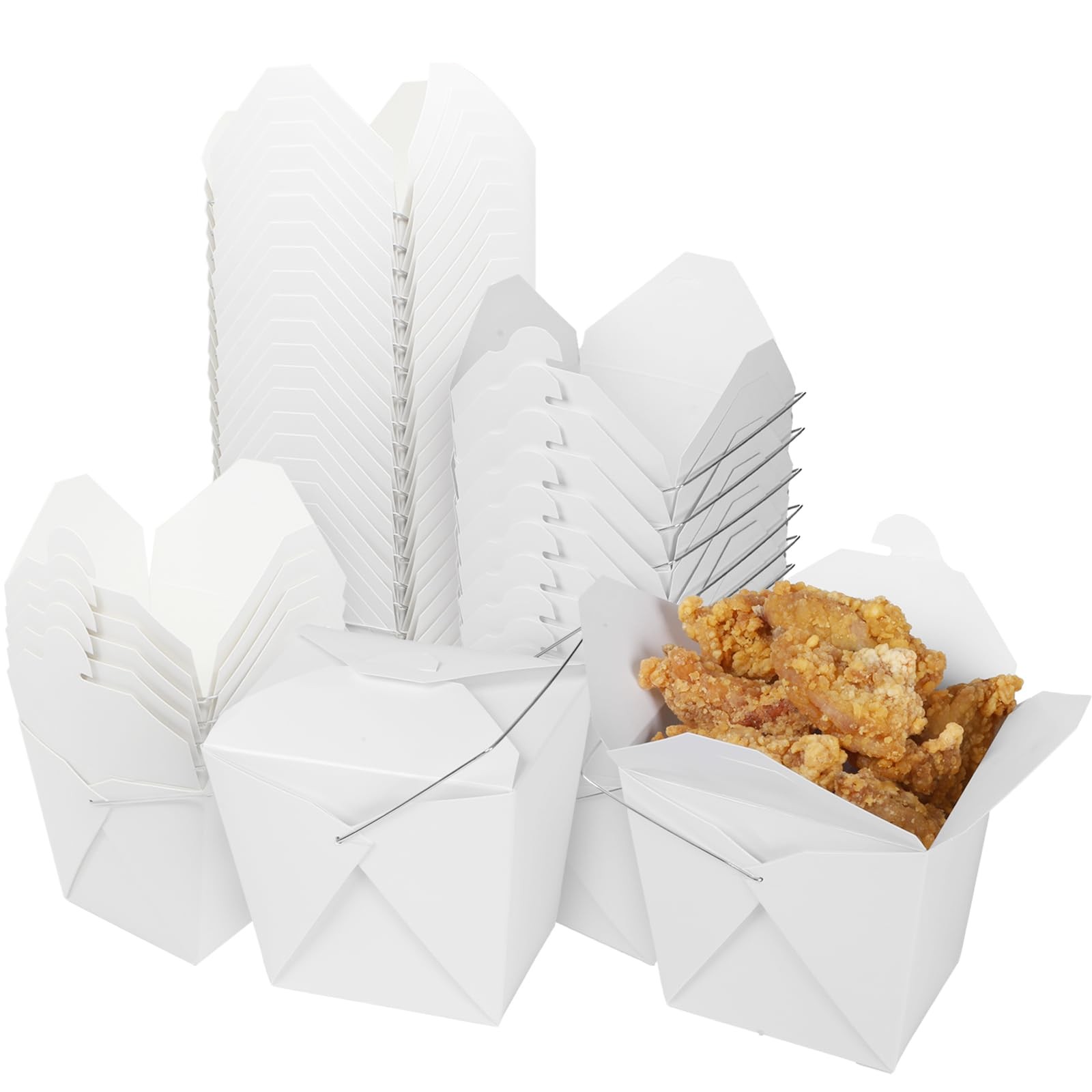 50 Pack 32oz Chinese Take Out Food Boxes with Metal Wire Handle & Labels, Party