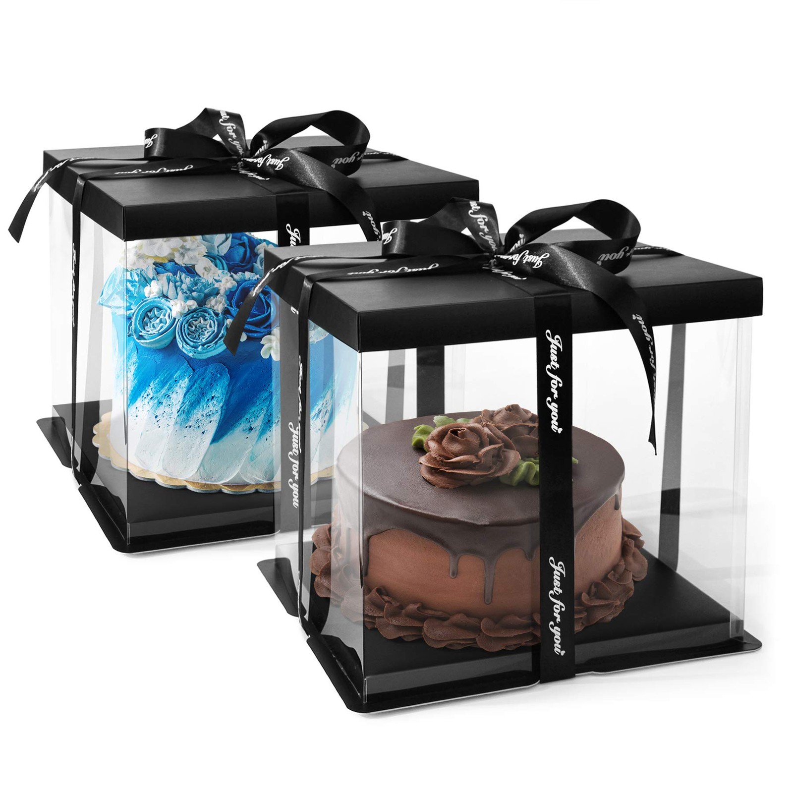2 PCS Clear Cake Box Carrier Container 10x10x9 Inch Ribbon Transparent Black