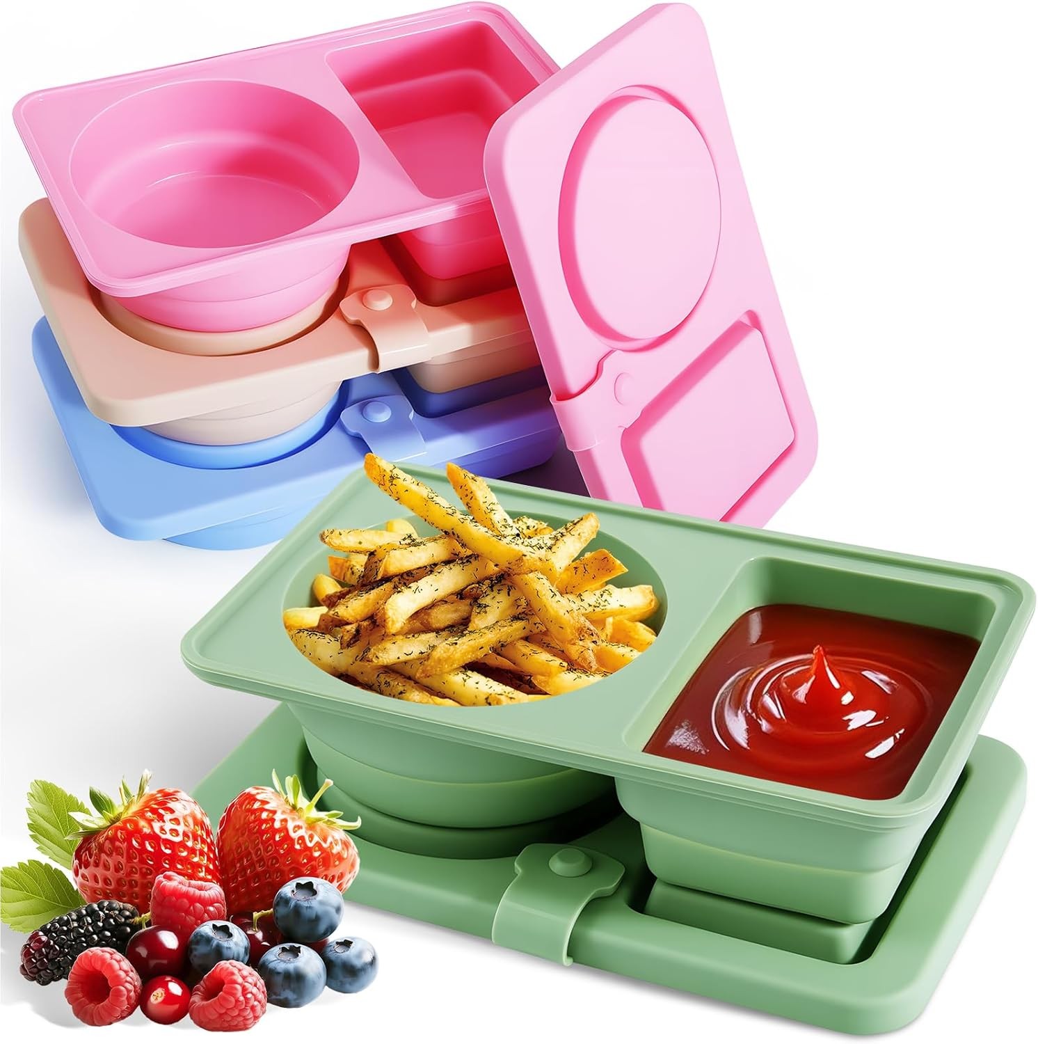 4 PCS Reusable Silicone Snack Containers with Lids,Double Compartment Food