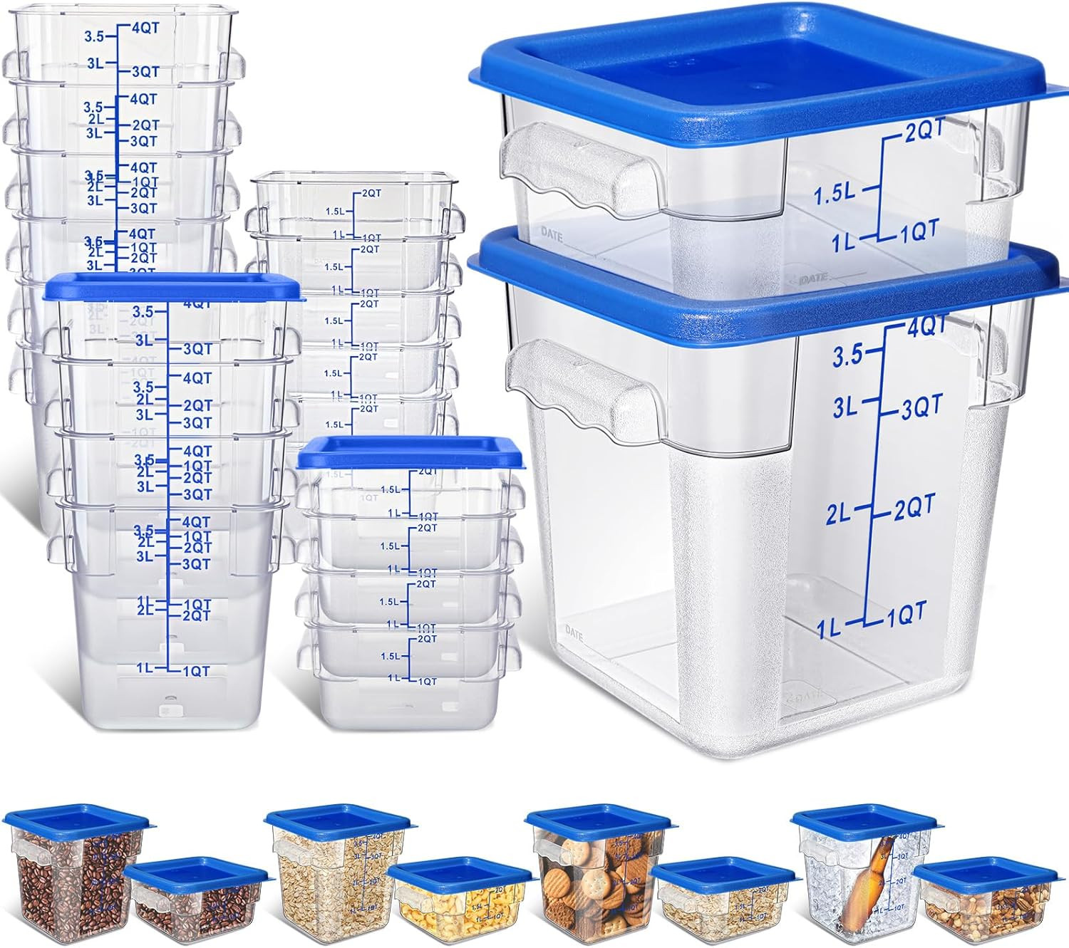16-Piece Clear Food Storage Container Set with Blue Lids for Kitchen & Freezer