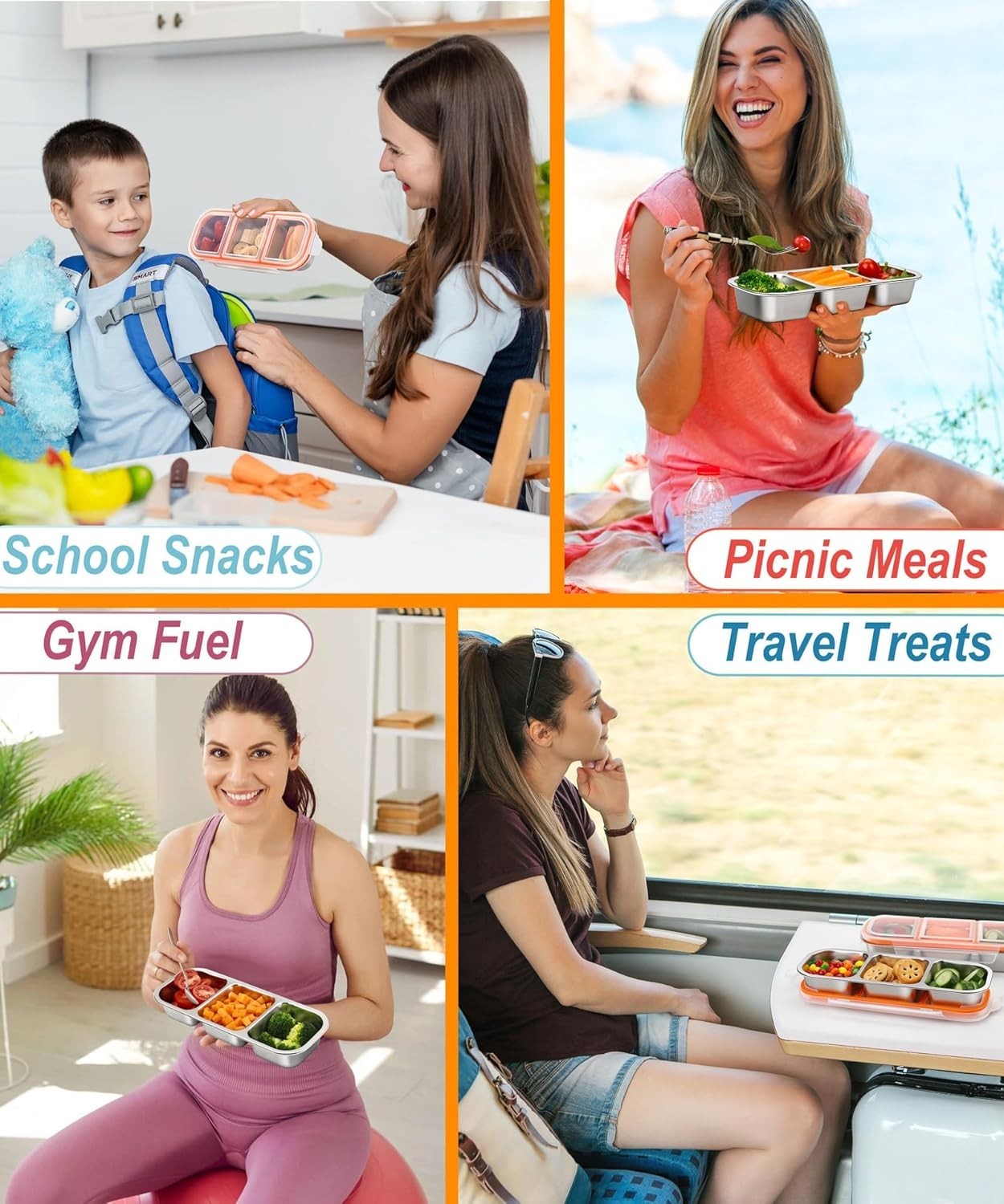 Stainless Steel Snack Container Large Leak-Proof 3-Compartment Lunch Box