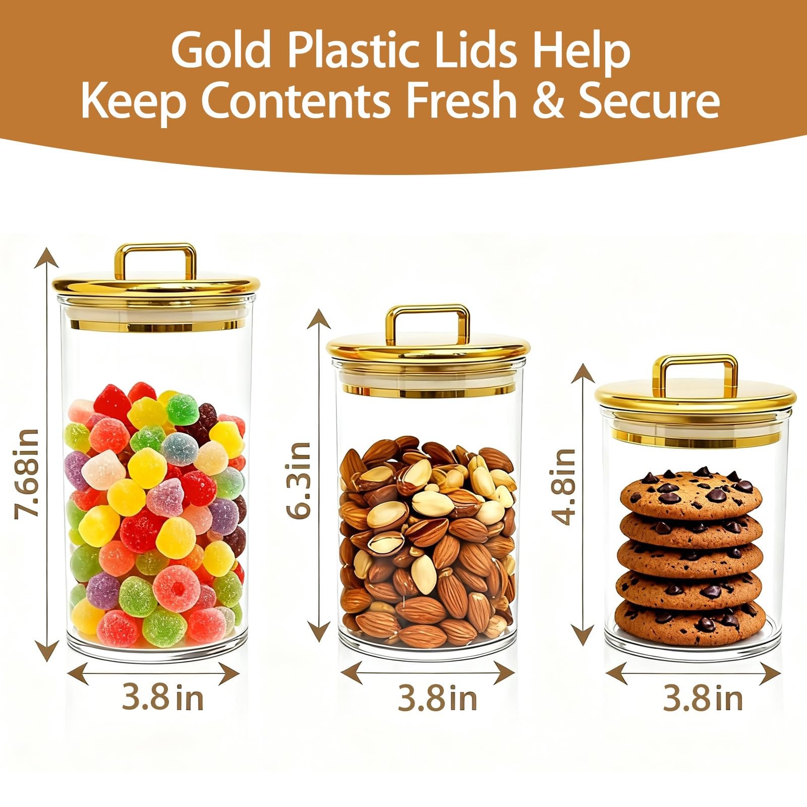 3-Pack Clear Acrylic Apothecary Jars with Gold Lids, Gold Candy Jar for Coffe…