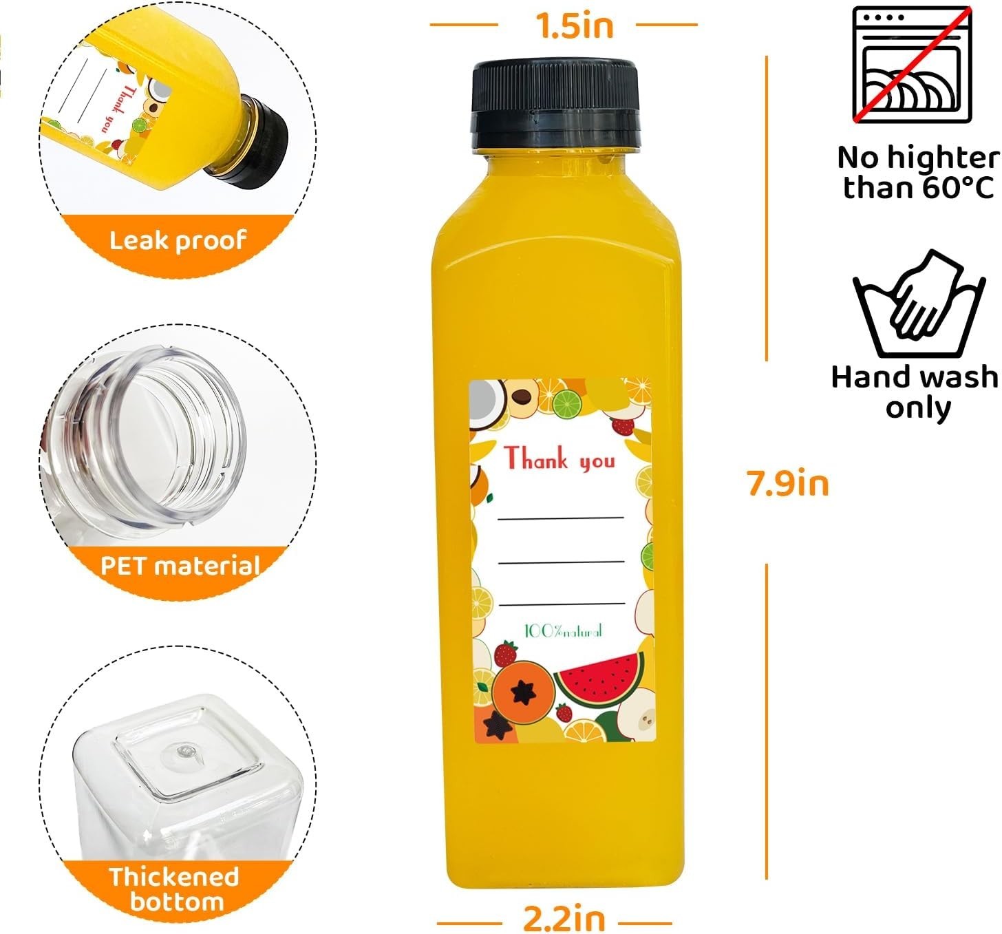 100PCS 16oz Plastic Juice Bottles with Lids Clear Reusable Beverage Set