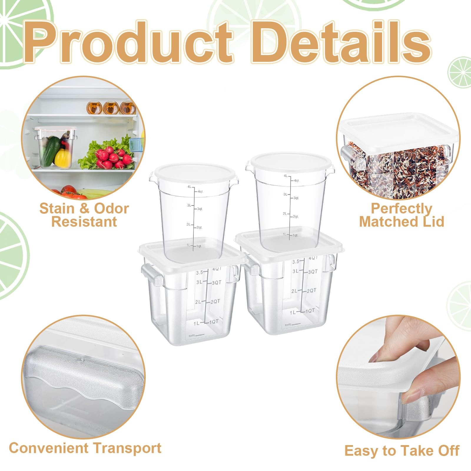 4 Pcs Food Storage Container with Lids Set 4 Qt Square and Round Clear PC Com…