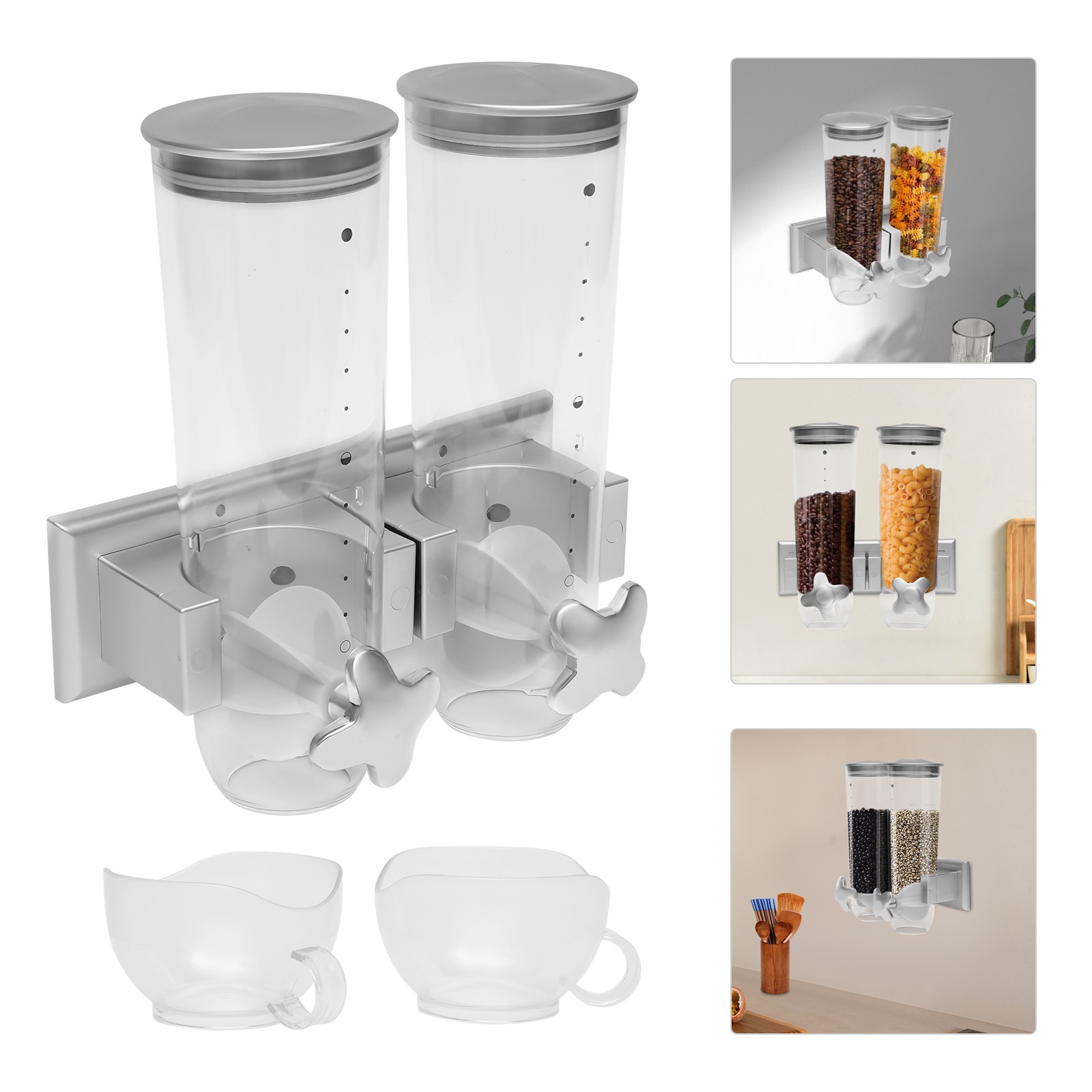 Wall Mount 2 Bucket Food Storage Dispenser Coffee/Bean/Candy/Rice Silver 3L