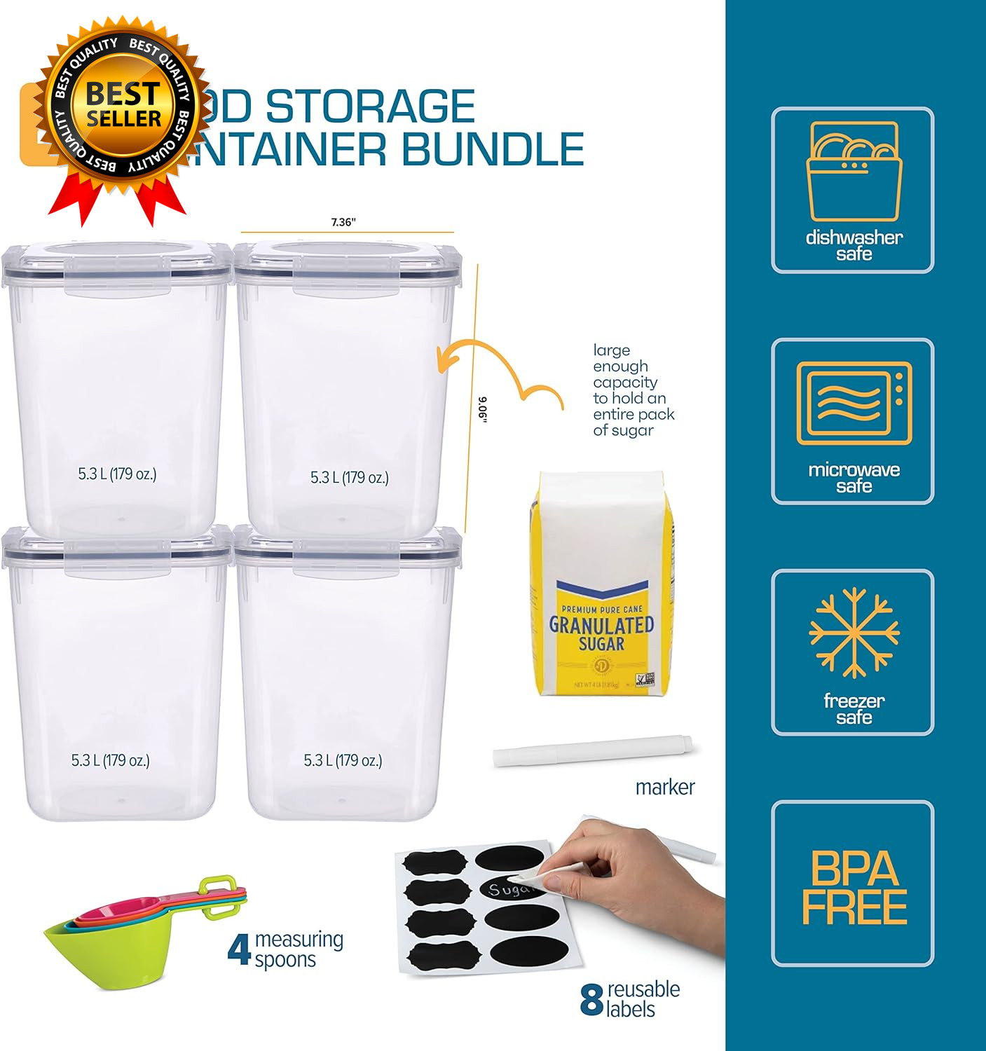 Flour Sugar Storage Containers (5.3L/4Pk) Great Rice Canisters Sets for Kitchen